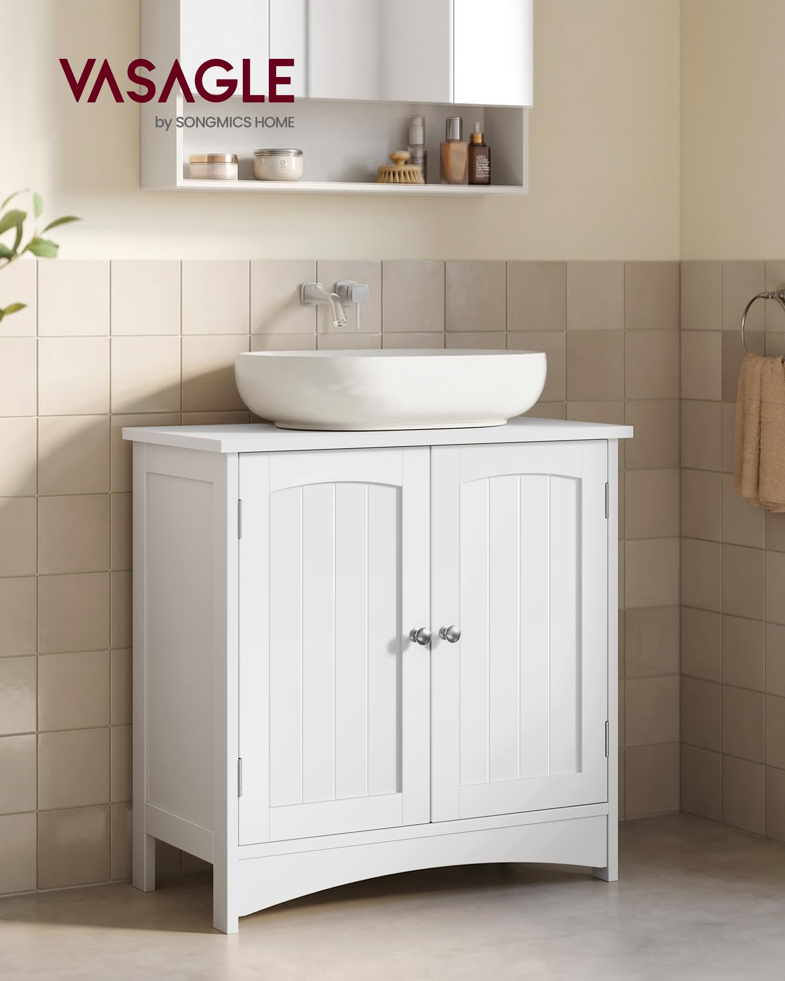 VASAGLE Meuble sous Lavabo, avec 2 Portes, Meuble sous Vasque, Étagère Réglable, Beaucoup d’Espace de Rangement, Style Campagne, 30 x 60 x 60 cm, Blanc Nuage BBC100WH01