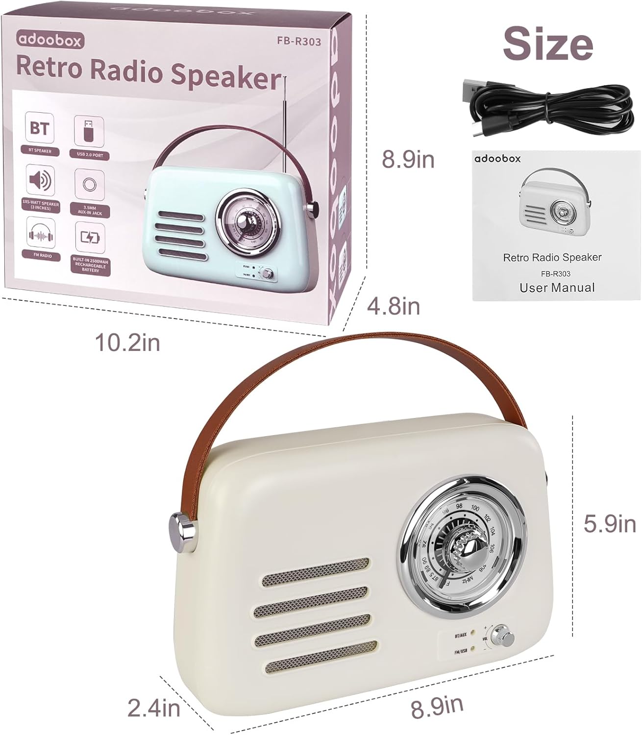 Vintage Bluetooth Speaker with FM Radio - Portable Wireless Boom Box, Over 20 Hours Battery Life Retro Radio (Bluetooth/FM/AUX/USB), Rich Bass, for Home, Office, Camping & Gifts (Beige)