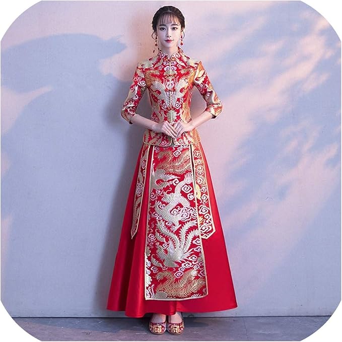 Amazon 中国のウェディングドレスq中国オリエンタルドレス赤花嫁サテンチャイナロング女性ヴィンテージ 6 イブニングドレス 通販