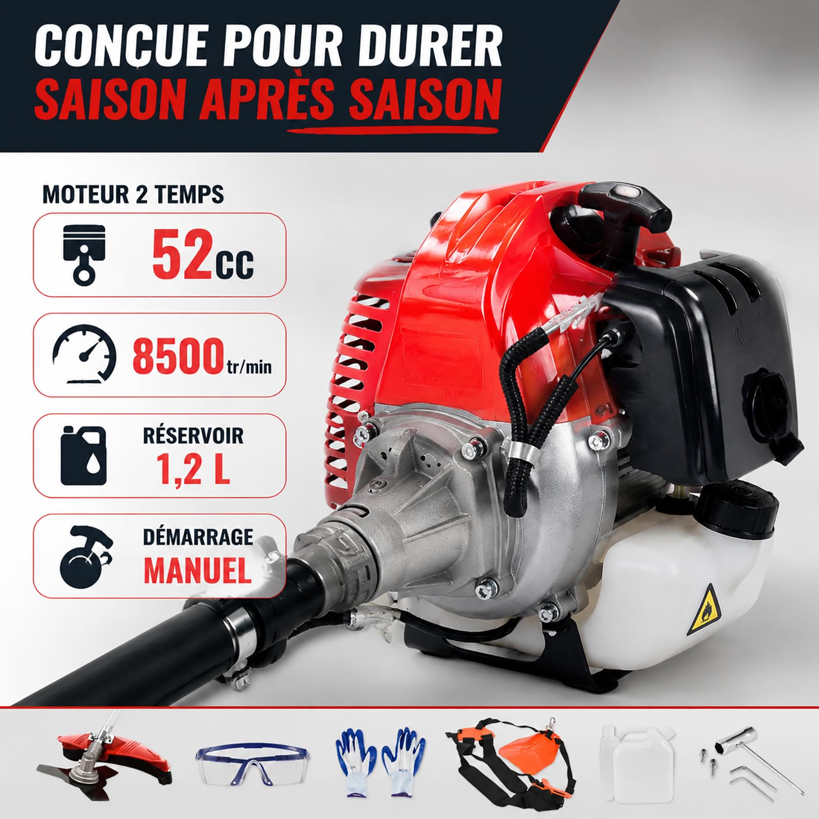 Débroussailleuse Thermique 52cc Essence 2 en 1 avec Lame et Fil