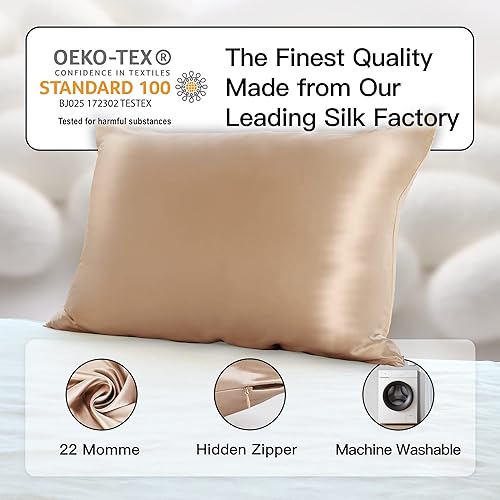 Miniatura 6 de MOOFUN Funda de almohada de seda, tamaño estándar de 20 x 26 pulgadas, 22 momme 100% 6A, seda de morera pura de alto grado que reduce las arrugas,