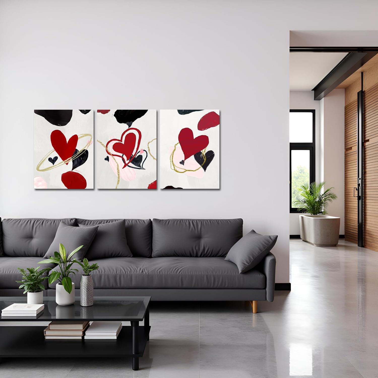 sechars 3 Pieces Burgundy Red and Black Wall Art Decor Abstract Love Heart Paintings for Girls Women Bedroom Bathroom Decorations Valentine's Day Gifts (Red)