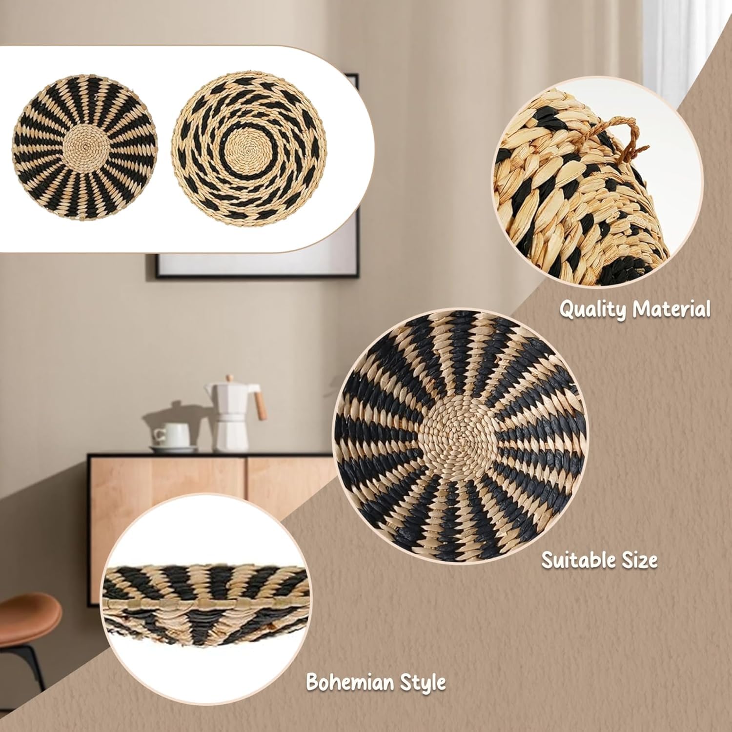 Gewebte Wanddekoration 7er Set, Boho Rattan Blumen Hängekörbe, handgefertigt für Schlafzimmer, Party und Zuhause, Bohemian-Stil Wandkunst, einzigartige dekorative Akzente