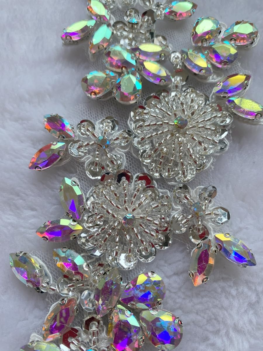 Handmade Bodice Rhinestones Applique Sewing Glass Beads Stones Crystal Trim Lace Patches for Dress Clothing Accessories 1pair/Bag 3.1X9.4inches (Pink)