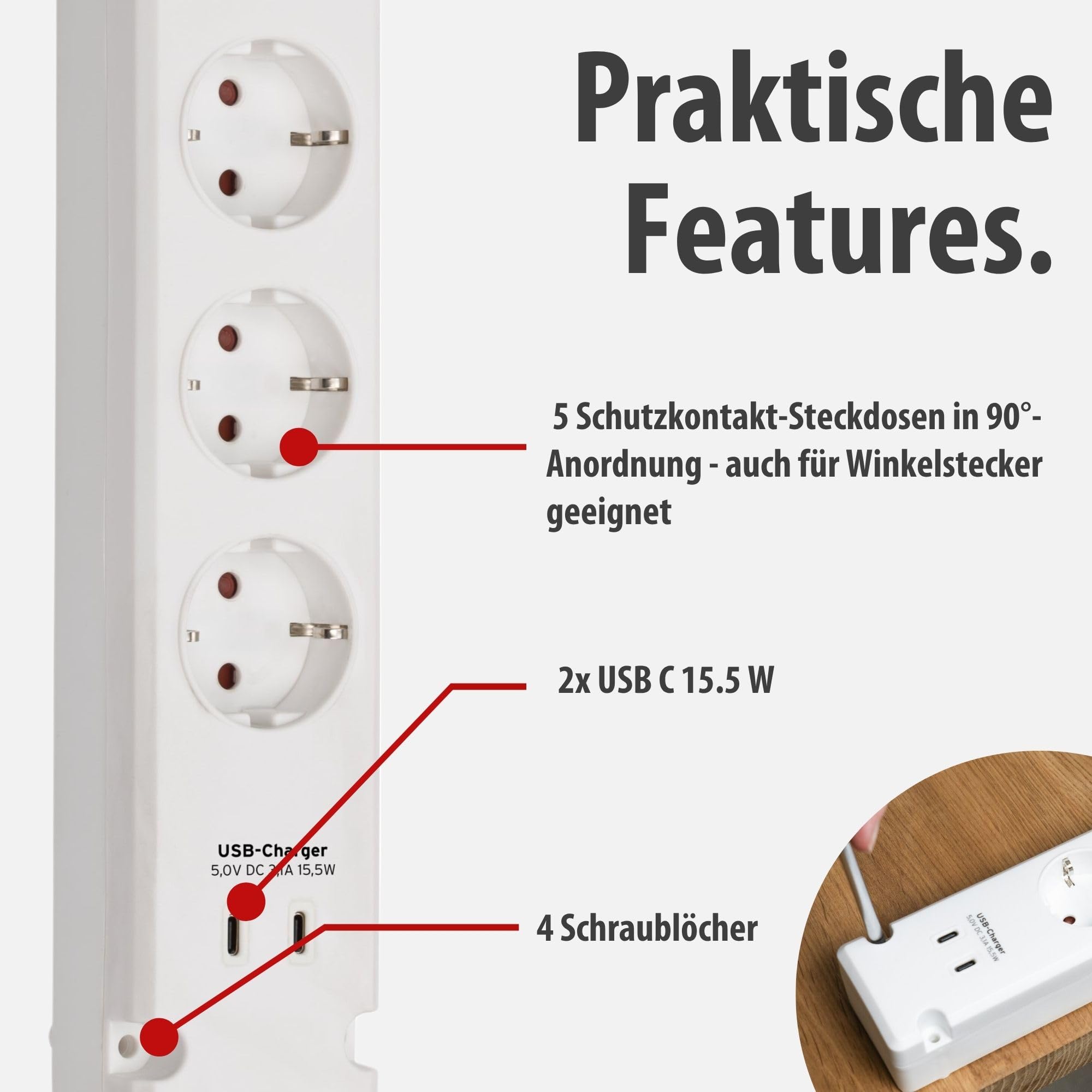 Bremounta 5-krotny + USB-C biały *DE* 3 m H05VV-F3G1,5 z przełącznikiem
