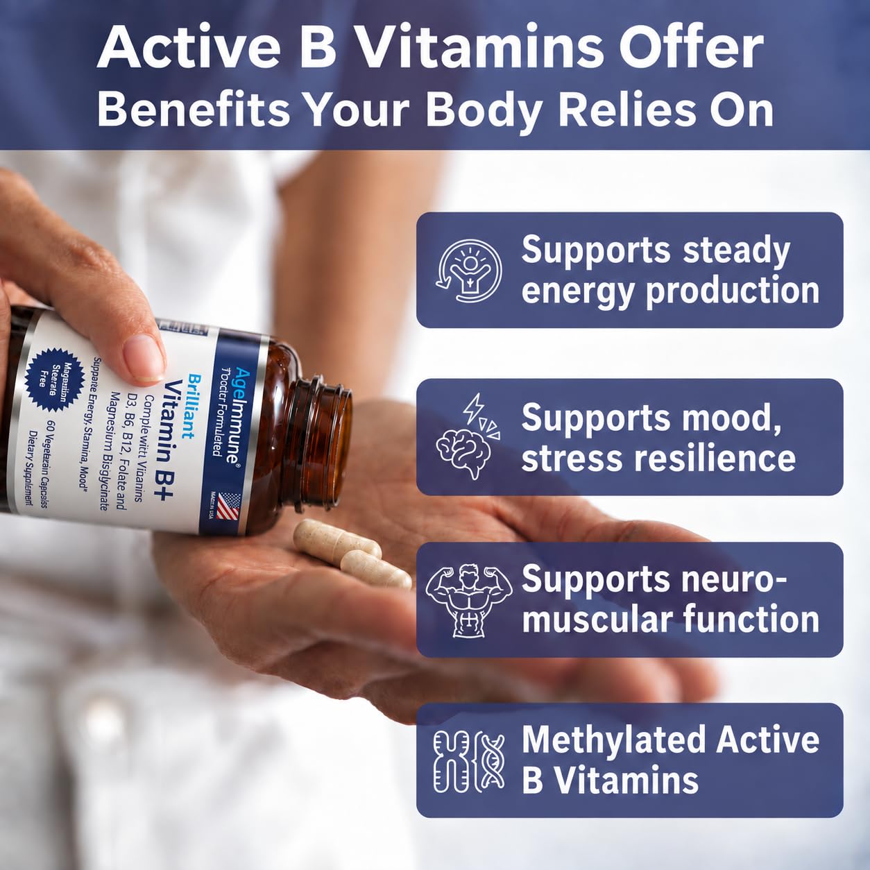 AgeImmune Vitamin B Complex with Vitamin D3 B12 B6 Magnesium Bisglycinate and Folate as Methylfolate - Doctor Formulated Methylated B Complex Supplement – 60 Capsules - Without Niacin — Amazon image 5