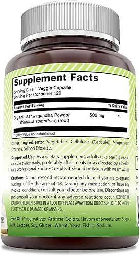 Vista 7 de Amazing India Ashwagandha natural 500 mg por porción Cápsulas vegetales Sin OMG Sin gluten Fabricado en Estados Unidos (250)