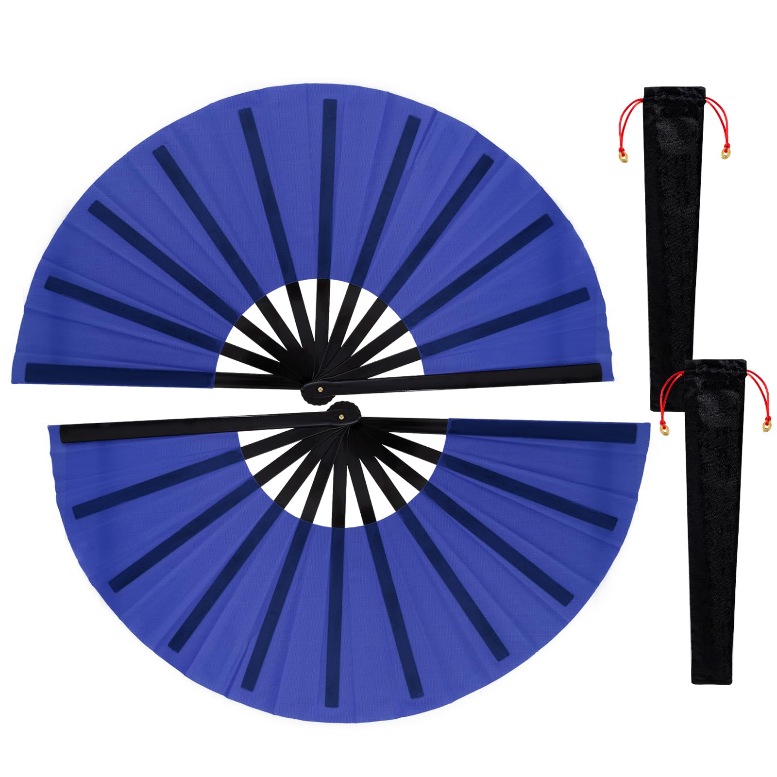 Nydotd 2 Packs Large Rave Fan Handheld Folding Fans Nylon Cloth Foldable with Holder Sleeve for Men Women Performance Line Dance Chinese Kung Fu Tai Chi Decorations Festival Party Gift (Dark Blue)