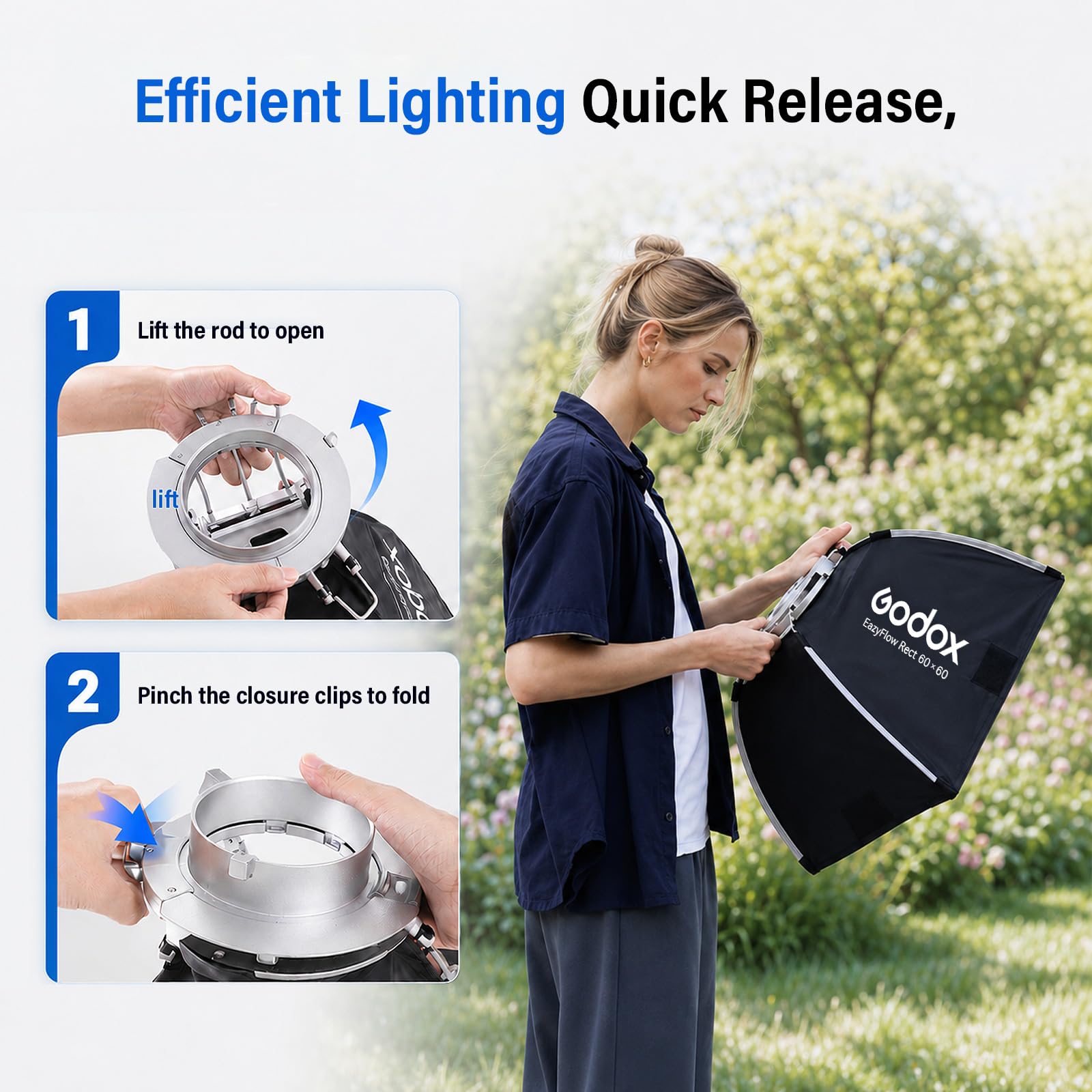 Godox EazyFlow Rect - Softbox quadrato con diffusore/griglia, 40 x 40 cm, con supporto a sgancio rapido Bowens, per luci video a LED e flash