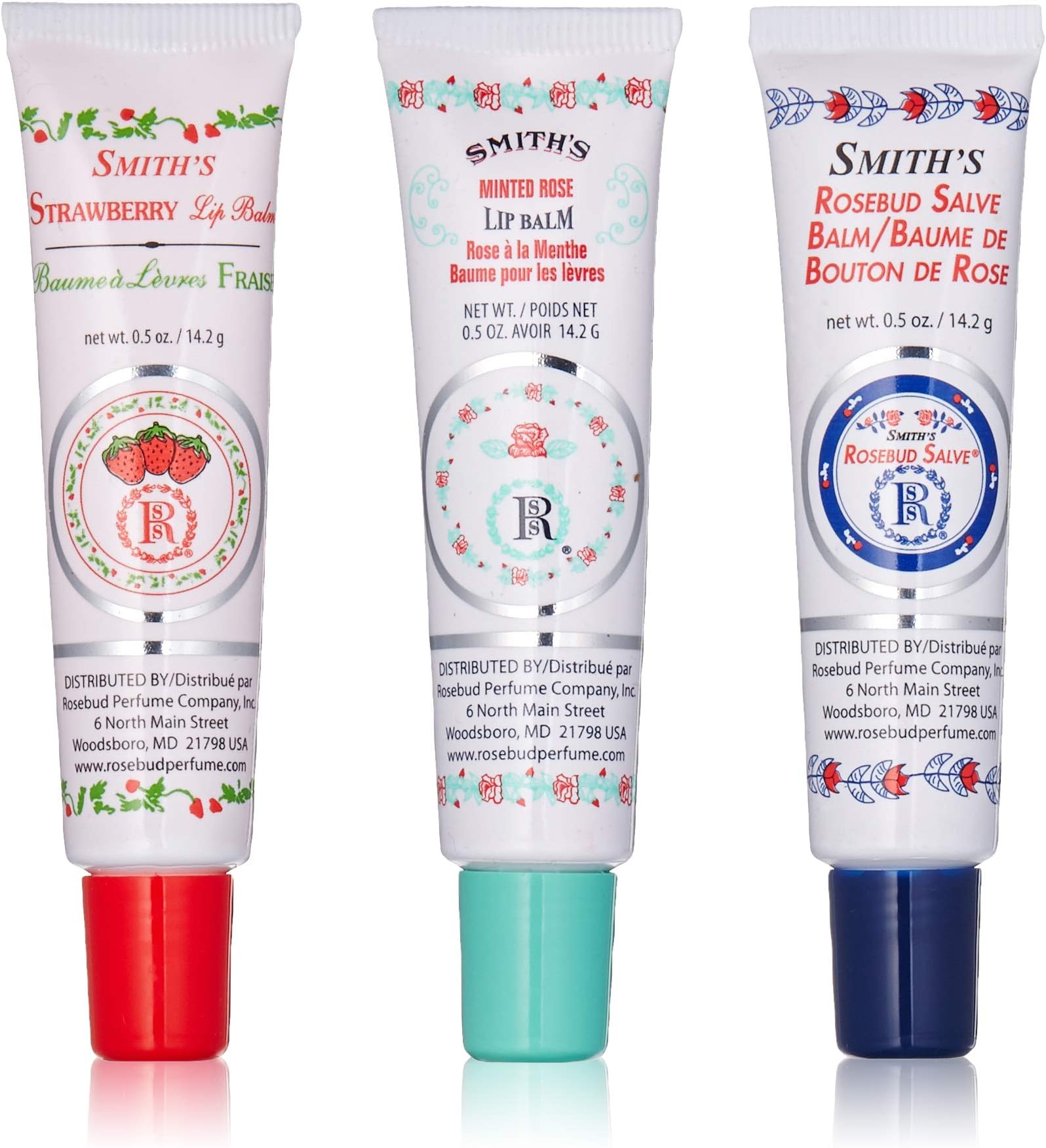 Rosebud Perfume Co. Tube 3 Pack: Smith's Rosebud Salve + Smith's Strawberry Lip Balm + Smith's Minted Rose Lip Balm
