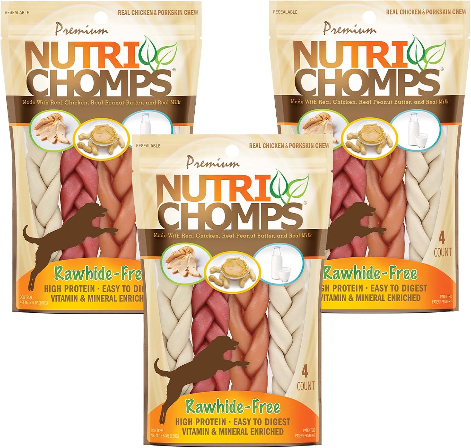 Nutri Chomps Dog Chews- 6-inch Braids,Easy to Digest, Rawhide-Free Dog Treats, Healthy, 4 Count, Real Chicken, Peanut Butter and Milk Flavors, Bundle of 3