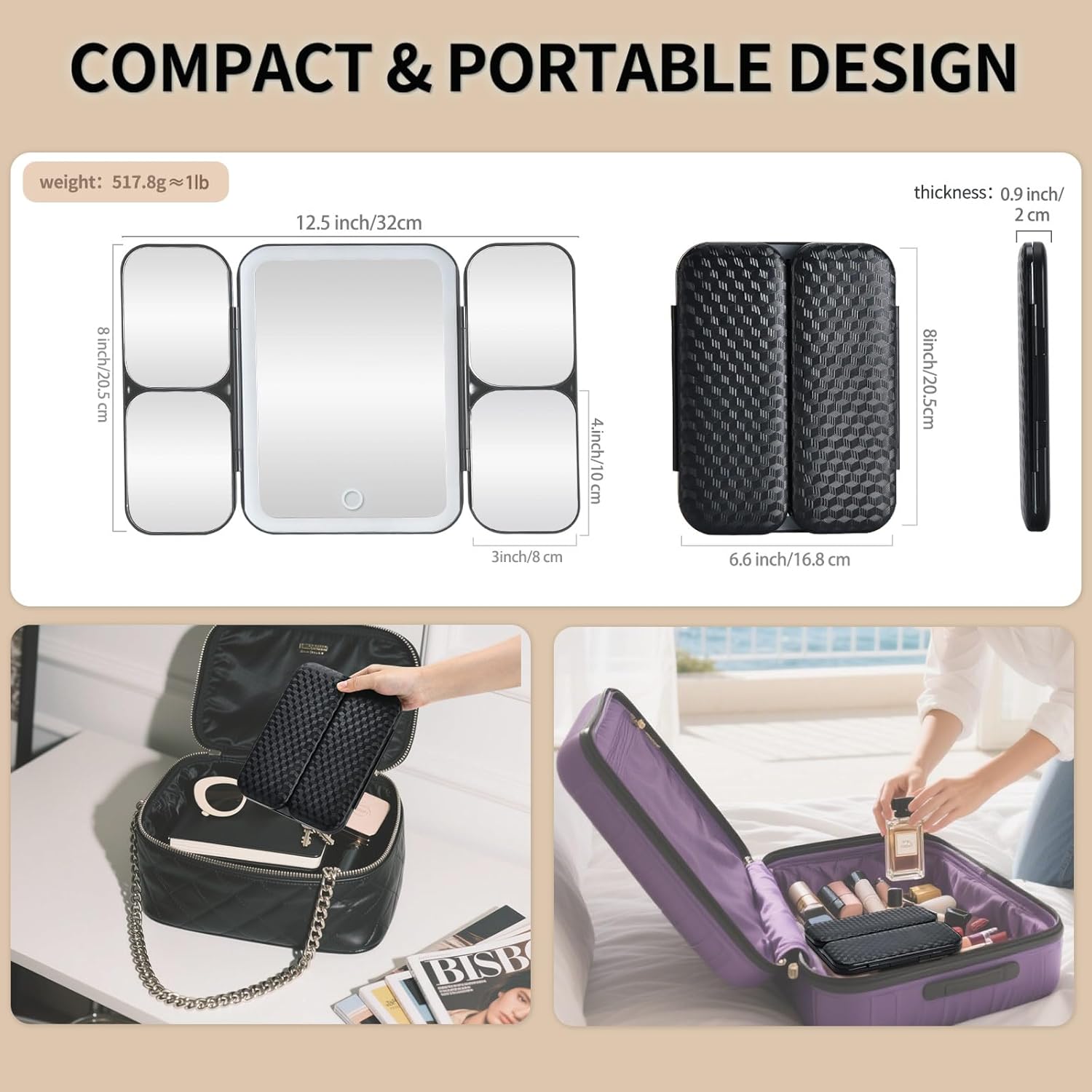 5-in-1 Led Vanity Makeup Mirror,1X Full Face & 5x/10x/20x/30x Times Magnification for Close-up Makeup, Compact Travel Magnifying Mirror with Light, Trifold Mirrors with Stand (Cool Black)