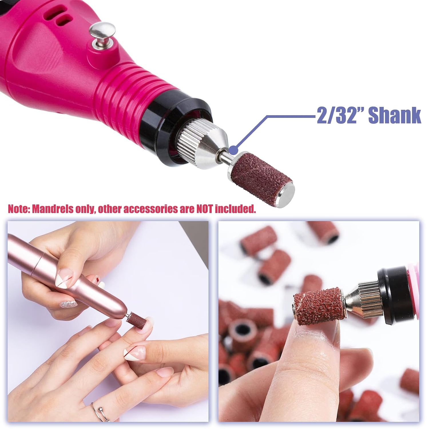 Yakamoz 2Pcs Small Nail Mandrel Bits for Nail Drill, Stainless Steel 3/32 Inch Mandrel Nail Bit Easy Off Mini E Flie Mandrel Drill Bits for Nails Sanding Bands Cuticle Clean Manicure Tools