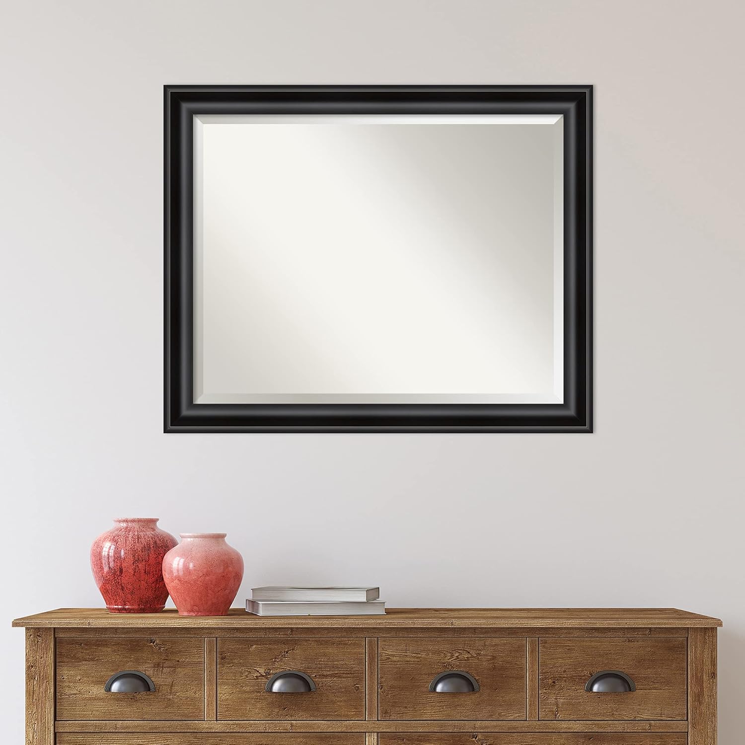 Amanti Art Black Bathroom Mirror for Over Sink, 26x32 Grand Black Narrow Rectangle Vanity Mirror, Large Casual Frame, Hangs Horizonally and Vertically, Bathroom Wall Decor, Beveled Edge