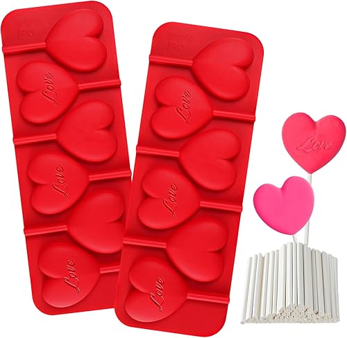 Webake Moldes de piruleta de corazón con 6 agujeros en forma de corazón, moldes de chocolate con palitos de paletas, moldes de silicona con corazón