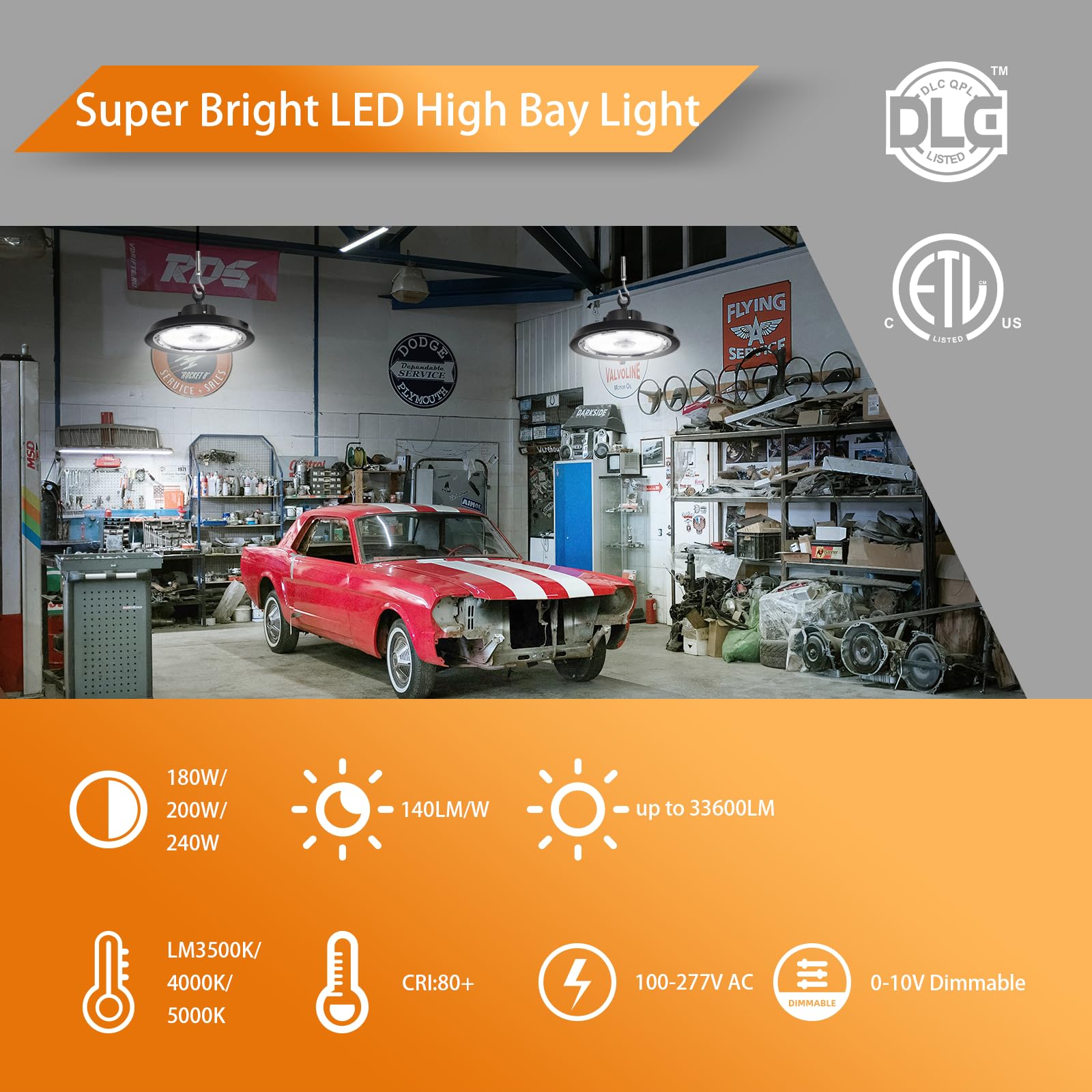 Zestaw 6 lamp UFO LED High Bay – 150 W, 24000 lm, 3CCT, ściemnialna, IP65, do garażu i magazynu, AC100-277 V, z certyfikatem DLC ETL(180/200/240W UFO,4PACK)