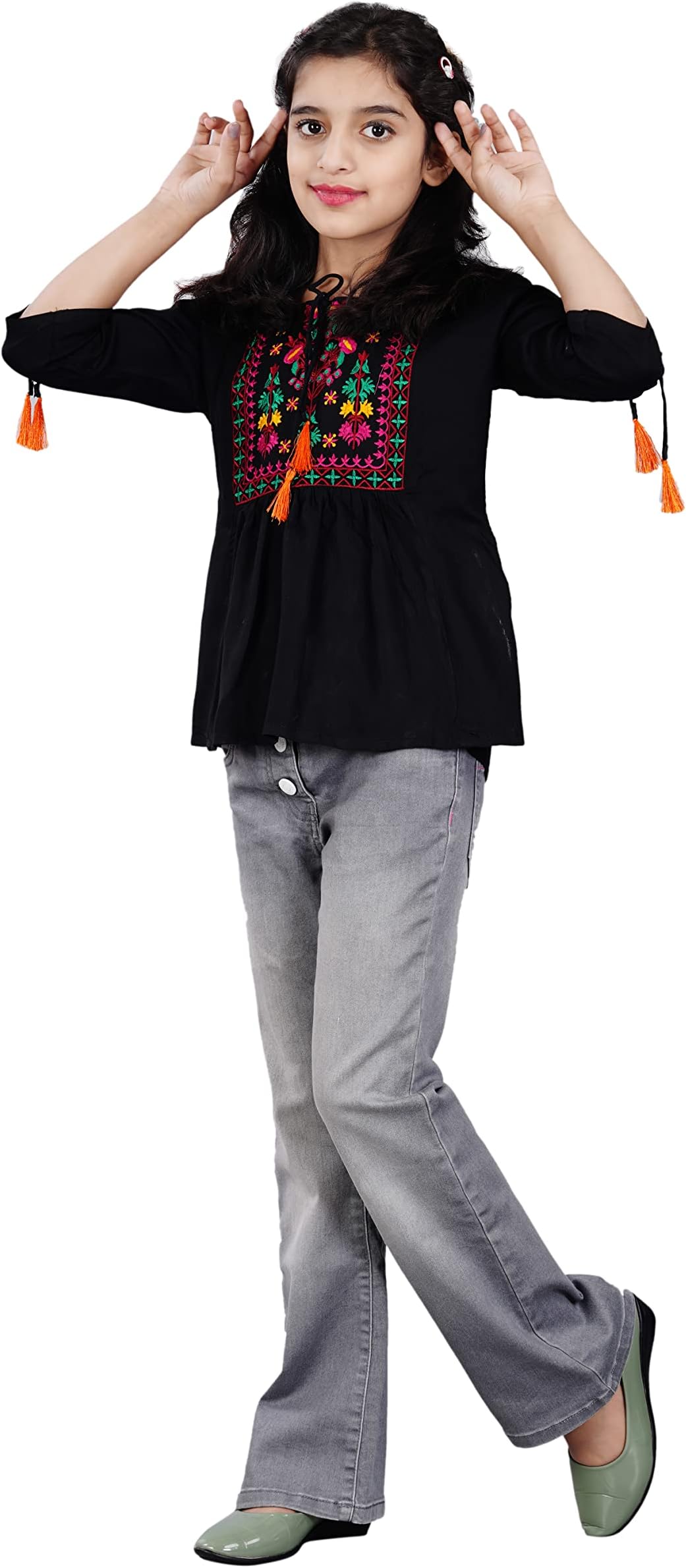 Girl's Rayon Classic Heavy Embroidery Kids Top with Beautiful Tassels at Front and on Both Sleeves