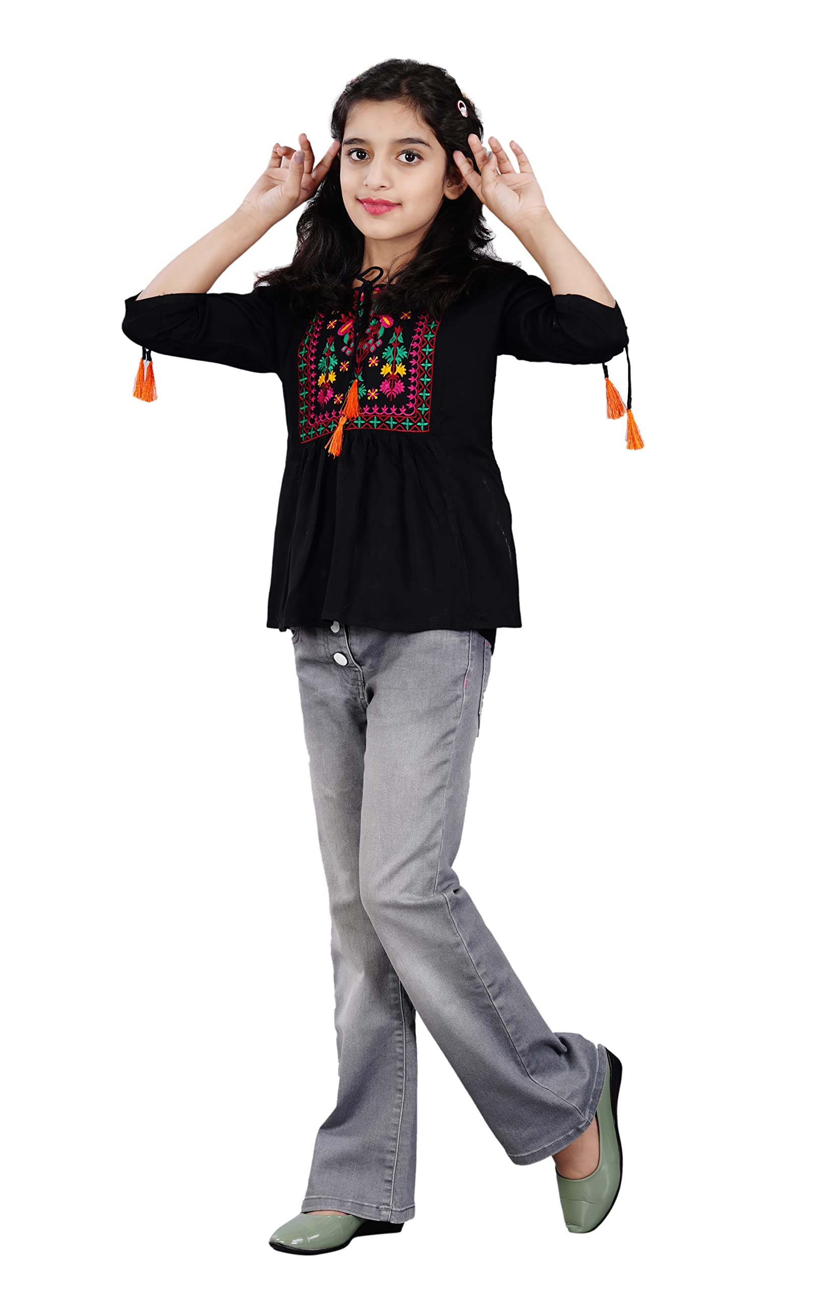 DMP FASHION Girl's Rayon Classic Heavy Embroidery Kids Top with Beautiful Tassels at Front and on Both Sleeves