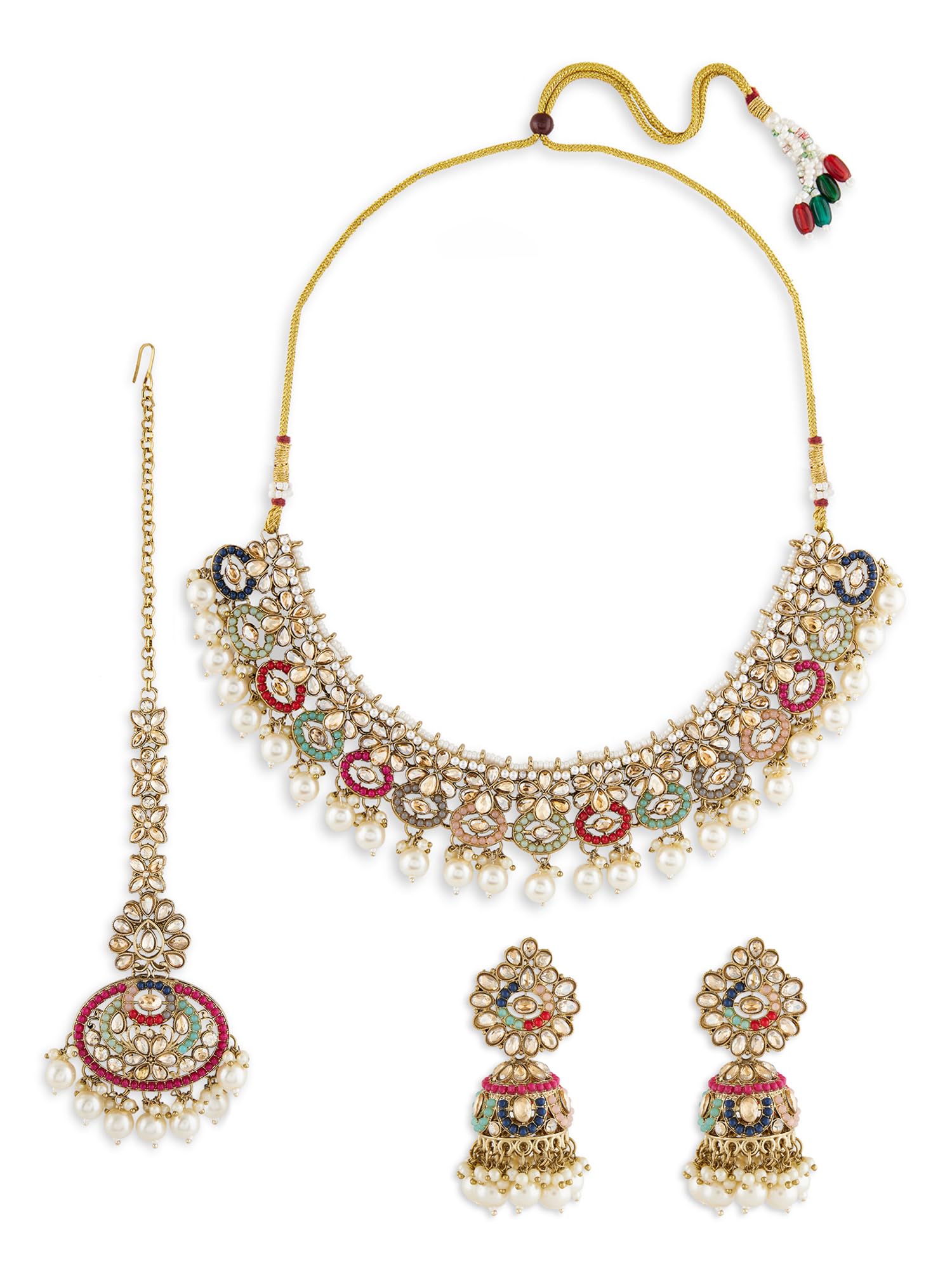 Multicolor Dazzling Stones Beads Drop Necklace Earring & Maangtikka Set For Women-ZPFK19040