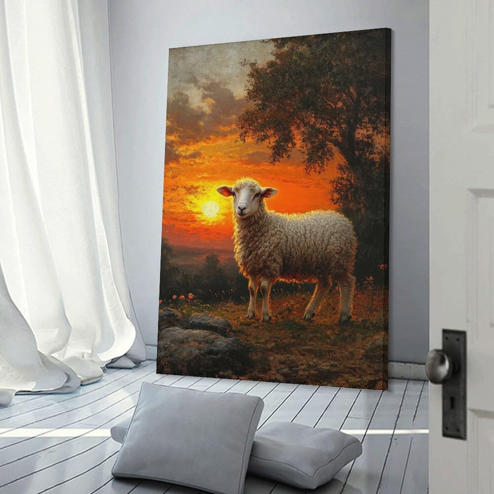 Junmoney Frame-Style-10 Decorative Wall Artwork Sheep At Sunset, 20X30inch(50X75cm), For New Homes, Bedrooms Or Workspaces, Canvas Artwork With Gifting Potential