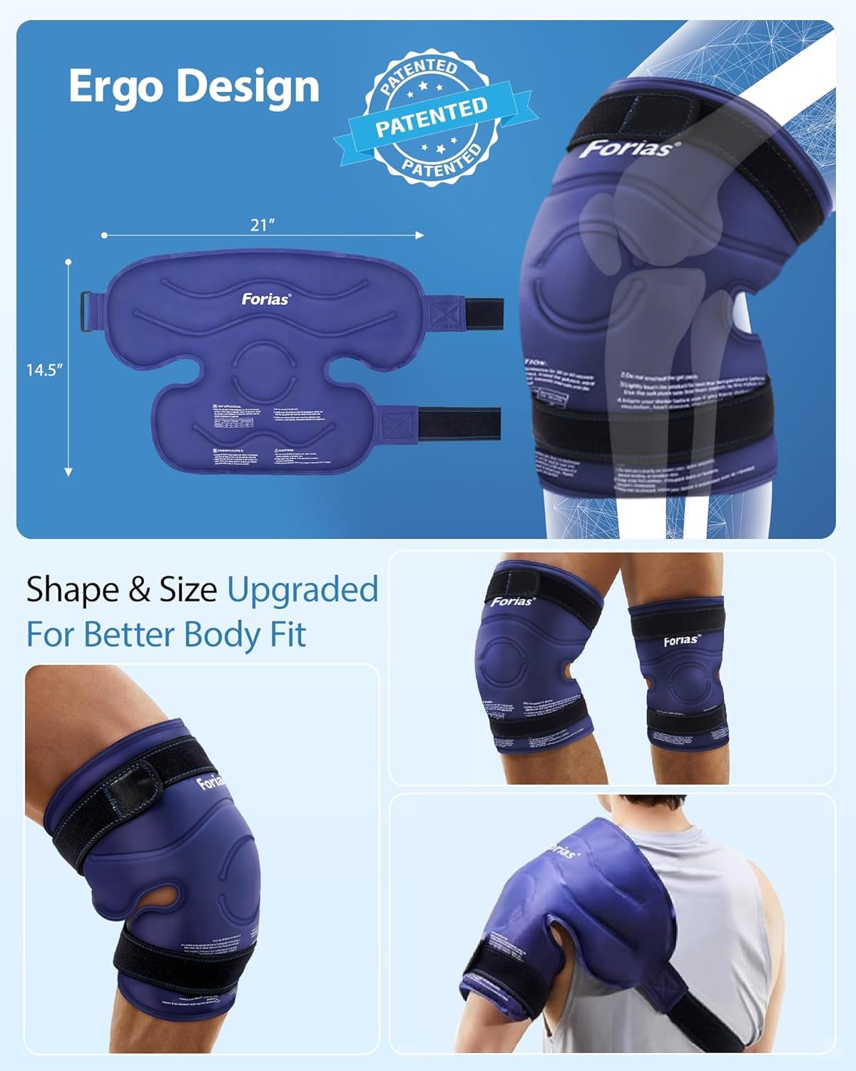 Forias 21" XXXL Ice Pack for Pain Relief, Gel Ice Packs for Injuries, Reusable Knee Ice Pack Wrap with Cold Compression for Knee After Surgery, Swelling, and ACL,Blue