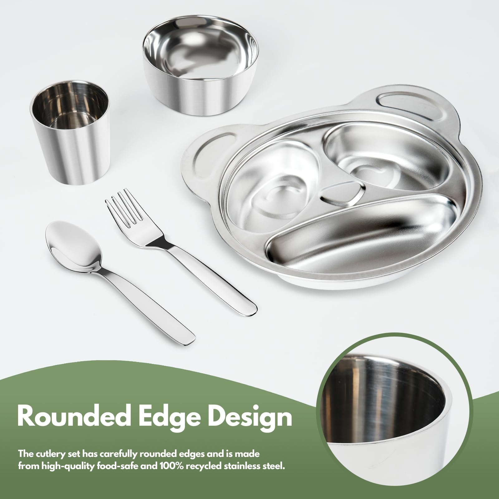 Znbskla 8-Piece Childproof Safety Cutlery Set - Premium 304 Stainless Steel, BPA-Free, Dishwasher-Safe, Elegant Design for Toddlers and Children,Includes Divided Plate, Utensils, Cup, and Bowl