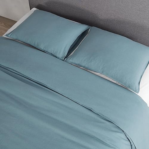 Miniatura 6 de DAPU Juego de funda de edredón de lino tamaño Queen, juego de ropa de cama ligero lavado con cierres de botones, 3 piezas hipoalergénicas de mezcla