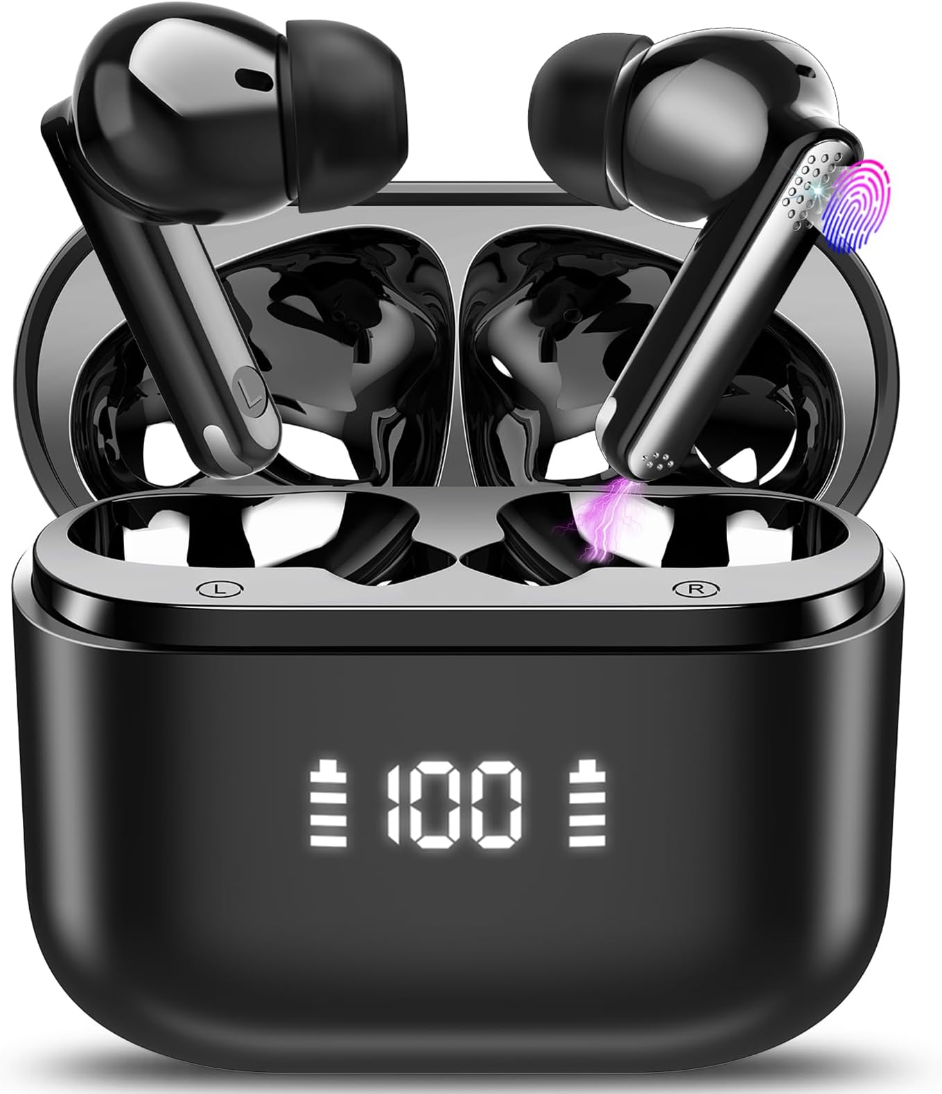 Wireless Earbuds Bluetooth 5.3 Headphones 48H Playback Deep Bass Stereo Ear Buds with HD Mic LED Display in Ear Earphones IP7 Waterproof Earbuds for Laptop Pad Android/iOS Phones Sports Workout Black