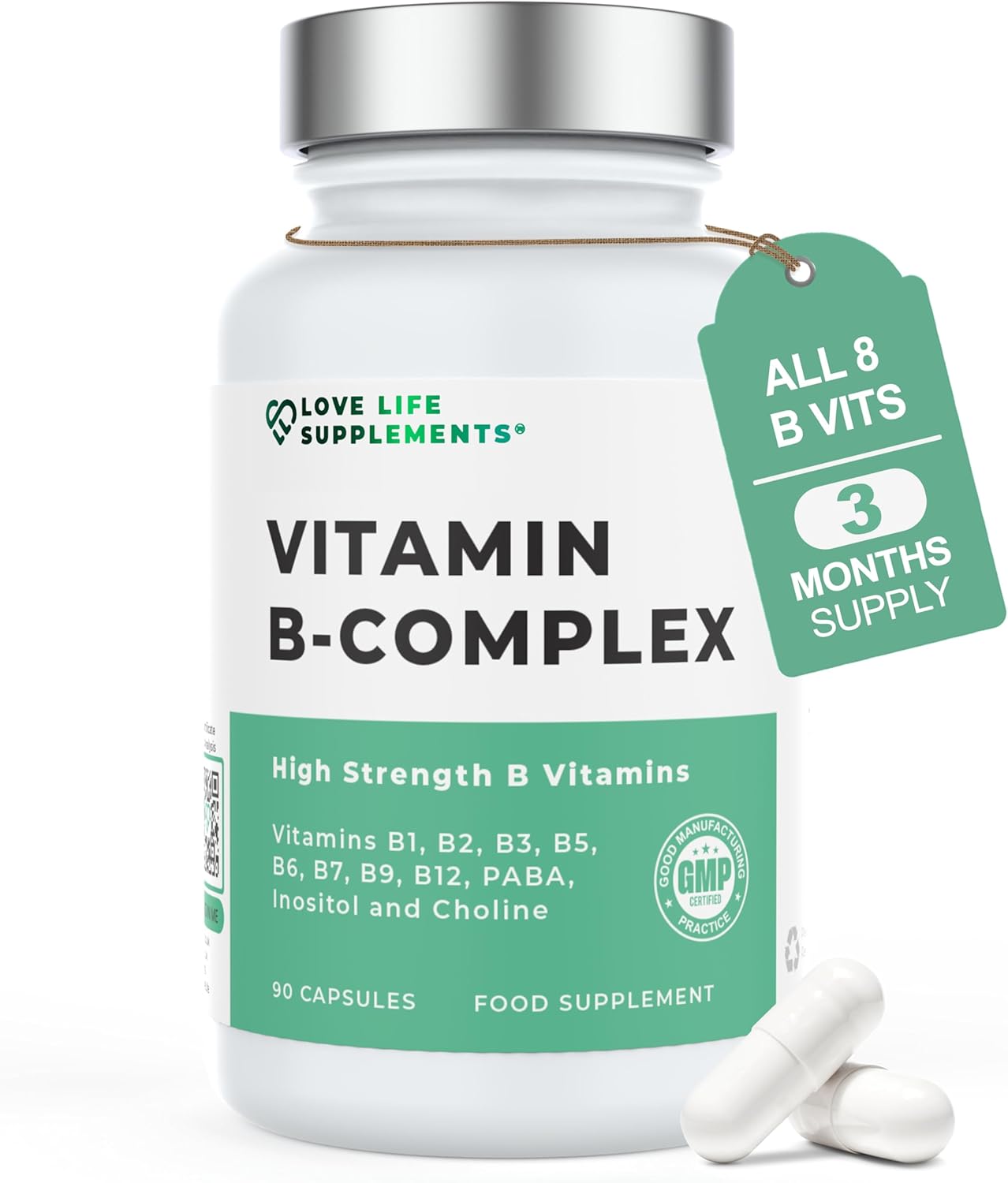 Vitamin B Complex High Strength | 90 Capsules – 90 Day Supply | All 9 B Vitamins B1-B2-B3-B5-B6-B7-B9-B10-B12, Inositol and Choline | Completely Clean – No Fillers | Love Life Supplements