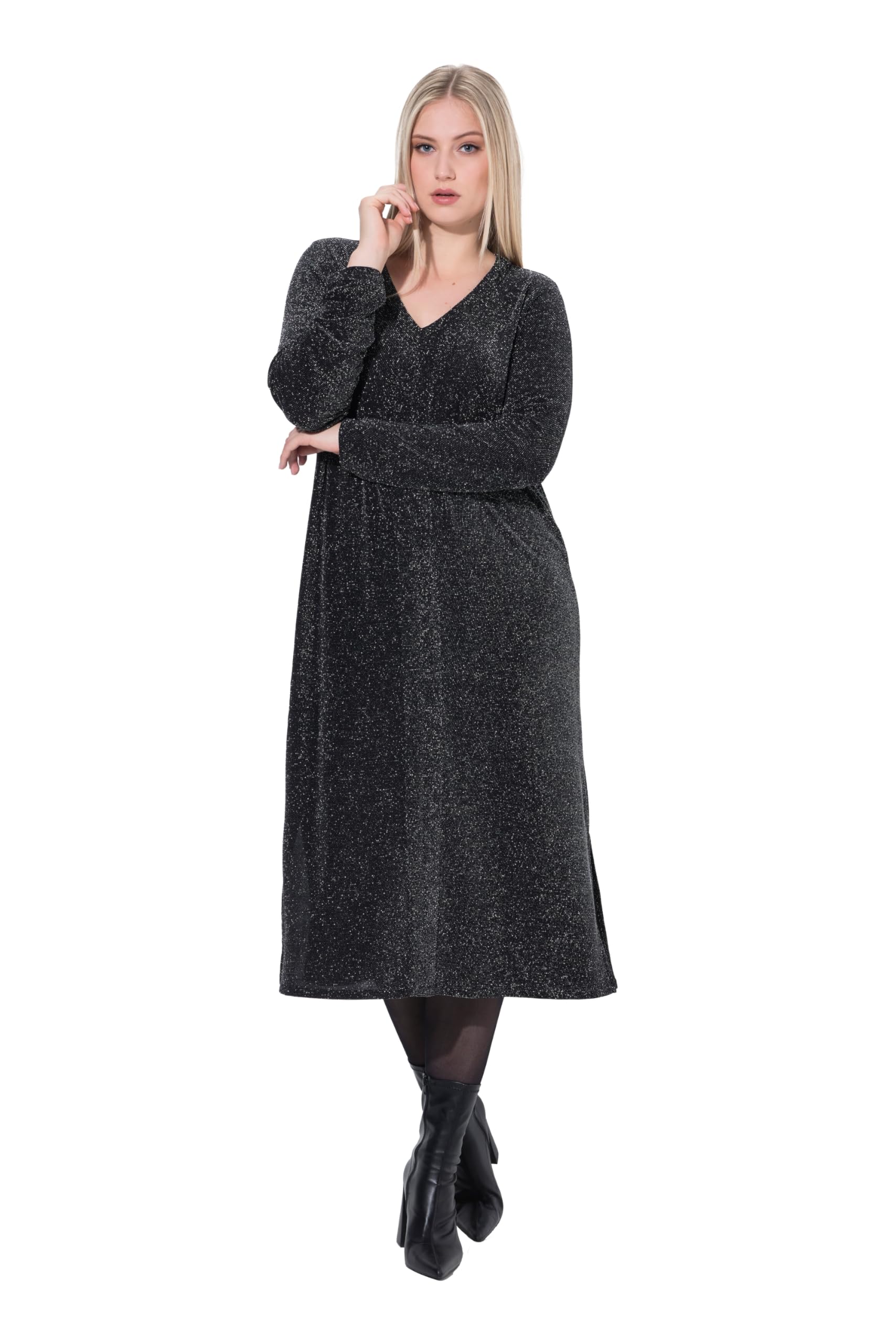 Ulla Popken Damen große Größen Übergrößen Plus Size Midi-Glitzerkleid, A-Linie, V-Ausschnitt, Langarm 843721