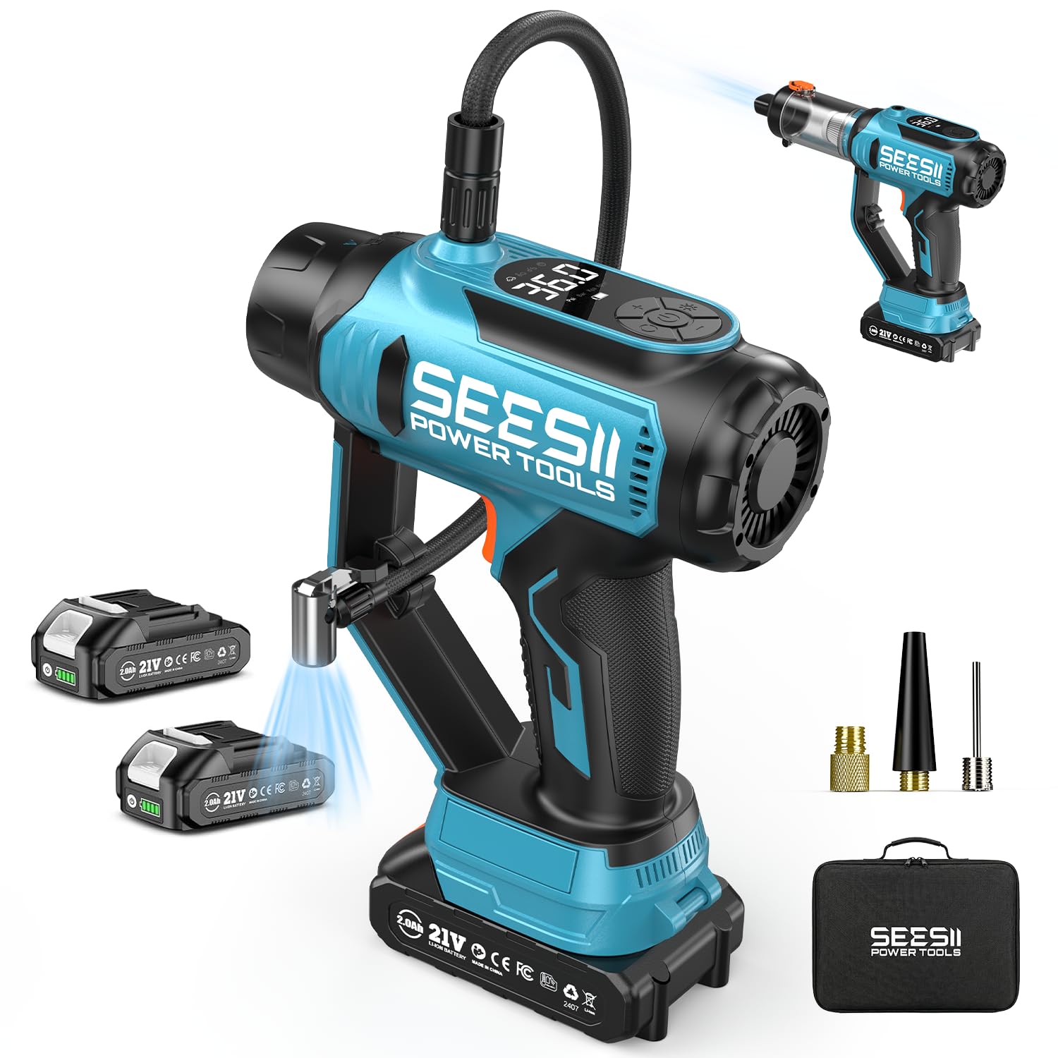 SEESII 2-IN-1 Tire Inflator Car Vacuum with 2 2000mAh Batteries 150PSI Rapid Portable Air Compressor 20000Pa Suction 21V