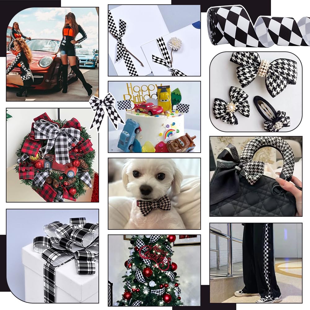 Rouleau De Ruban à Carreaux Gingham Noir Et Blanc - 11 Mètres X 38 Mm - Polyester - Pour Emballage Cadeau, DIY, Déco - 6