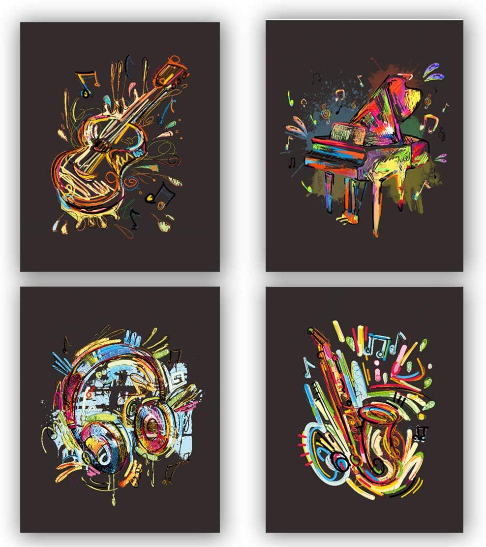 4 Sets- Watercolor Musical Instrument Art Prints,Headphones Pictures For Wall Decor,Piano,Violin,Saxophone,Headphones,Musical Note Canvas Posters,Room Home Decoration.(Unframed,8”X10”)