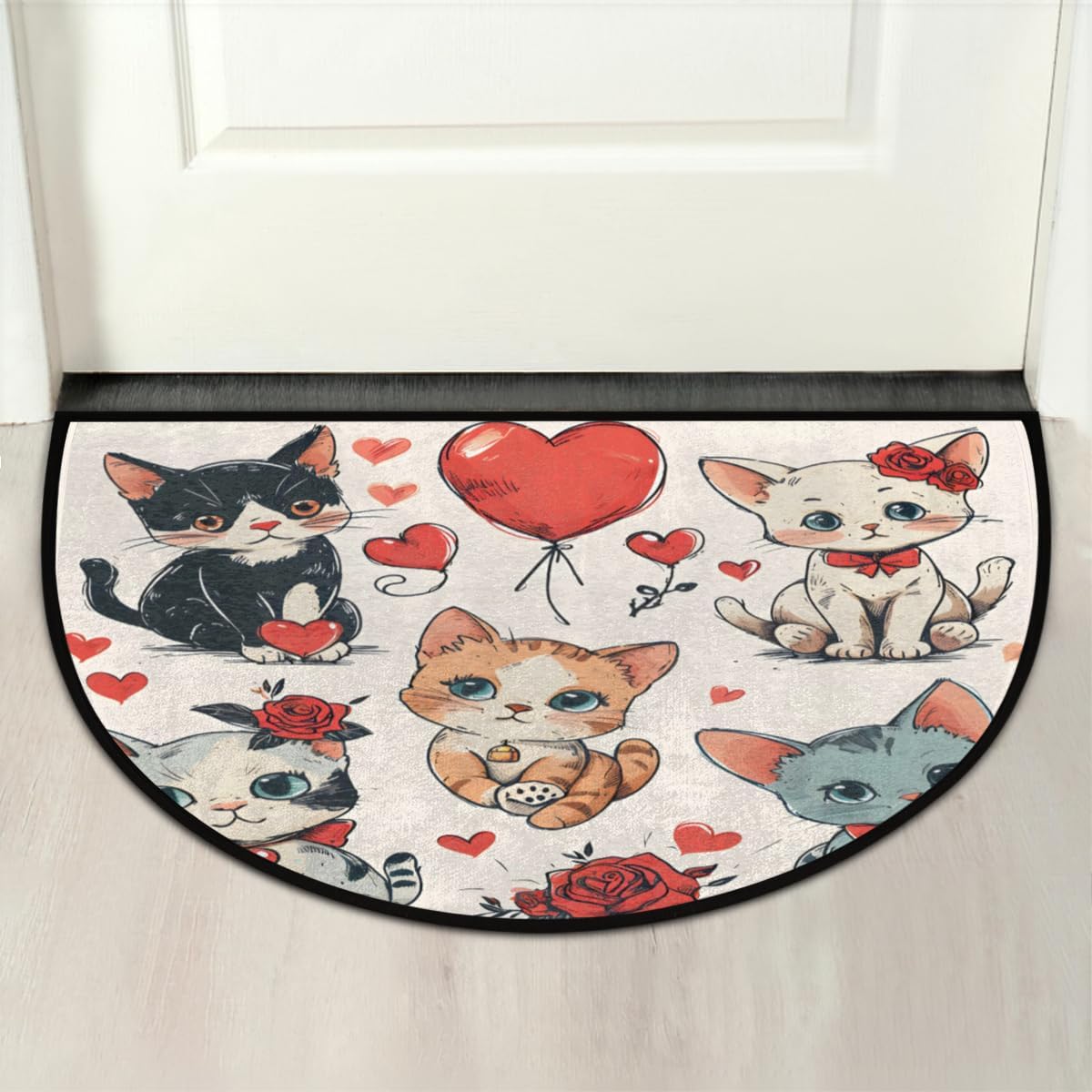 Valentine's Day Entry Door Mat Half Round Mat 36x24 Welcome Mats for Front Door, Outside Porch or Entrance Door Mats, Cat with Rose Home Rug