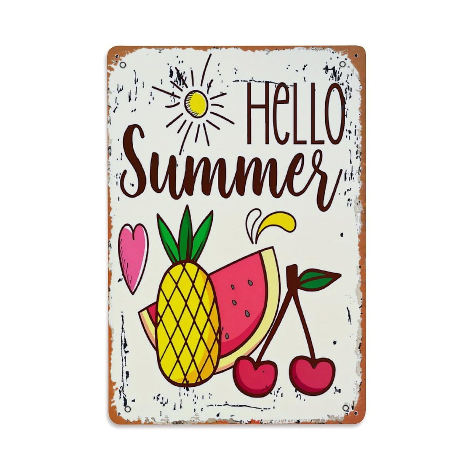 Jdyaojiesheng Vintage Hello Summer Pineapple Watermelon Cherry Sun Tin Sign Retro Metal Wall Decor Metal Poster, Home Bar Garage Farmhouse Cafe Wall Art Decoration 8X12inches