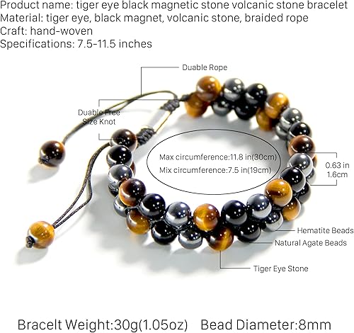 Miniatura 2 de Xrunhua Triple Protection Crystal Bracelet for Men Women Genuine Tigers Eye Obsidian Black Onyx Hematite Lava Rock Beaded Bracelets Bring Luck and