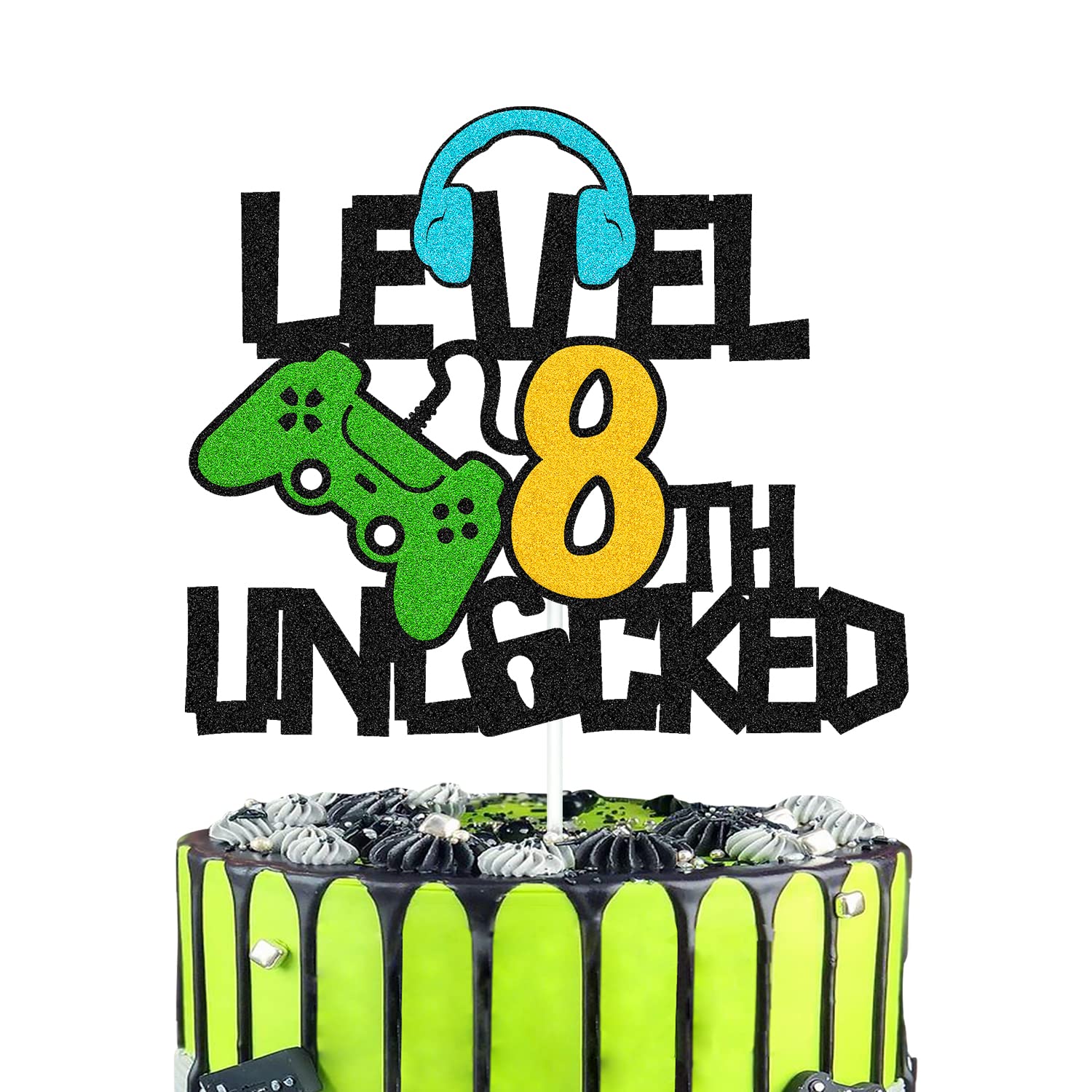 "Level 8th Unlocked" Cake Topper - Game Controller Design For 8th Birthday Party Decorations