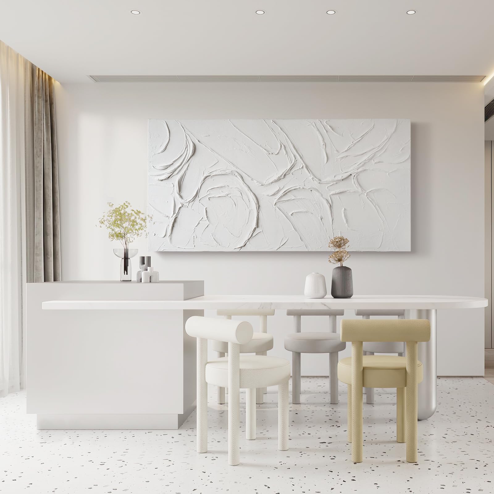Arte de pared abstracto con textura pintada a mano, lienzo blanco, pintura al óleo moderna, 58 x 29 pulgadas, contemporánea, minimalista, grande, decoración de pared horizontal/vertical 7