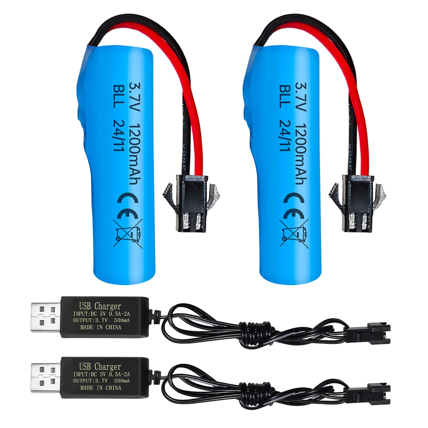Fytoo 2PCS 3.7V 1200mAh Li-ion Battery SM-2P Plug with USB Charging Cable for Double Sided RC Stunt Car Truck RC Car DE68 DE44 DE45 DE58 DE49 DE57 DE70 Battery