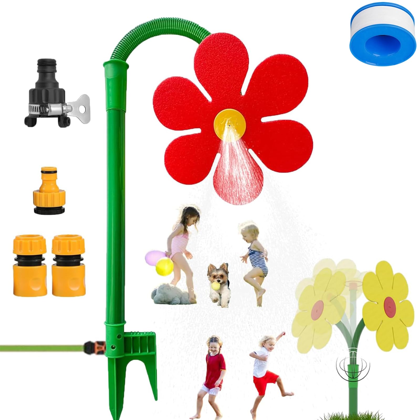 Crazy Daisy Sprinkler for Yard Watering and Kids Playing, 360° Rotating Dancing Flower Water Sprinkler, Spinning Sunflower Sprinkler with Durable Plastic Base for Dogs and Garden Irrigation (A-Red)