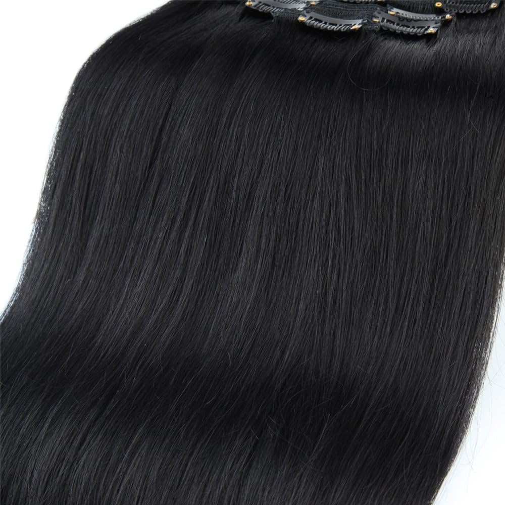 Elailite Full Head Clip in Real Hair Extensions - Remy Human Hair Straight - Double Weft - 8 Pieces (22"-160g, #1 Jet Black) - Image 5