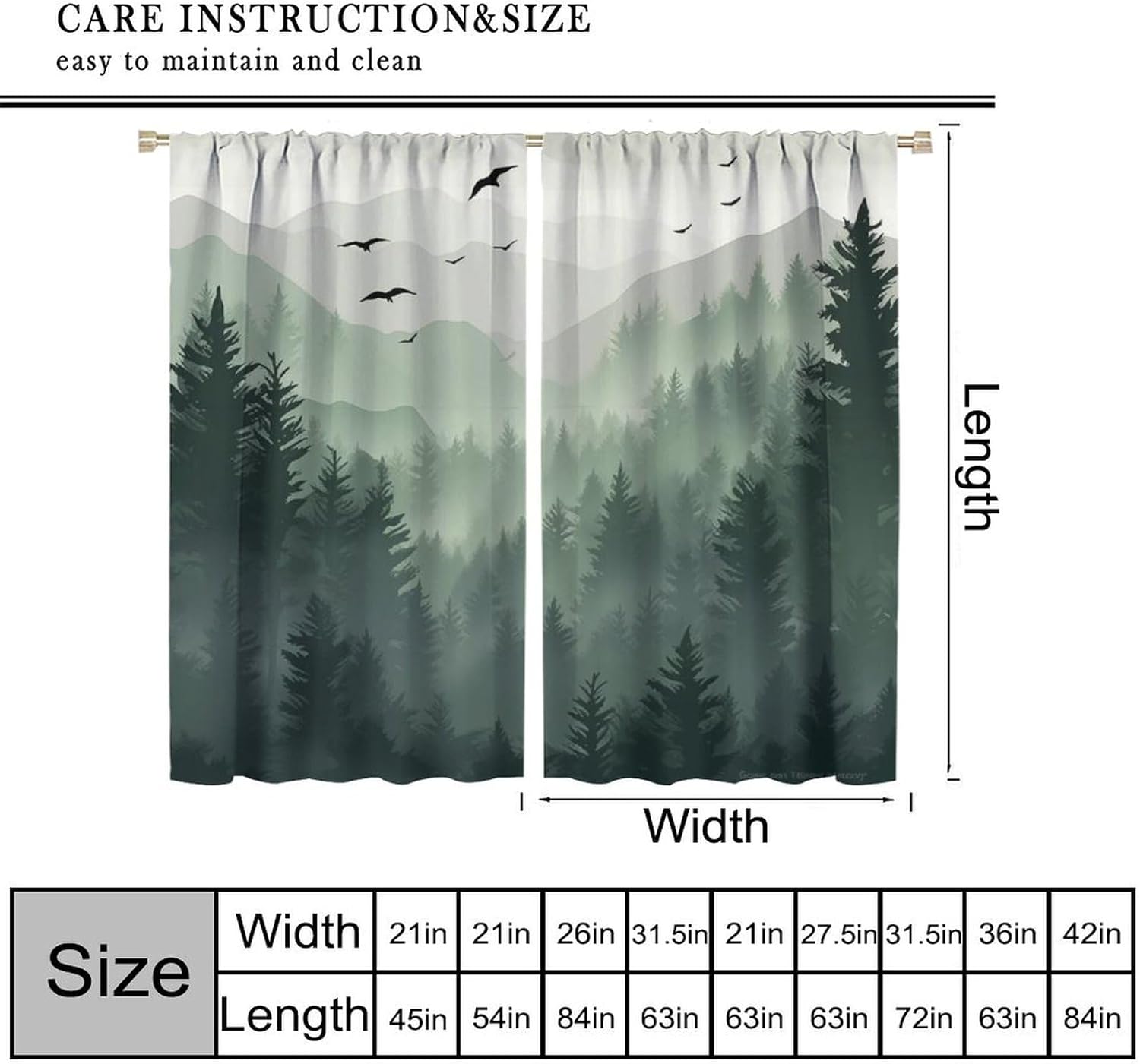 Forest Blackout Curtain for Nursery, Watercolor Green Forest Flying Birds Nature Mountain Tree Woodland Rod Pocket Window Treatments 2 Panels Drapes for Living Room Bedroom Cafe Decor 42"W X 54"L