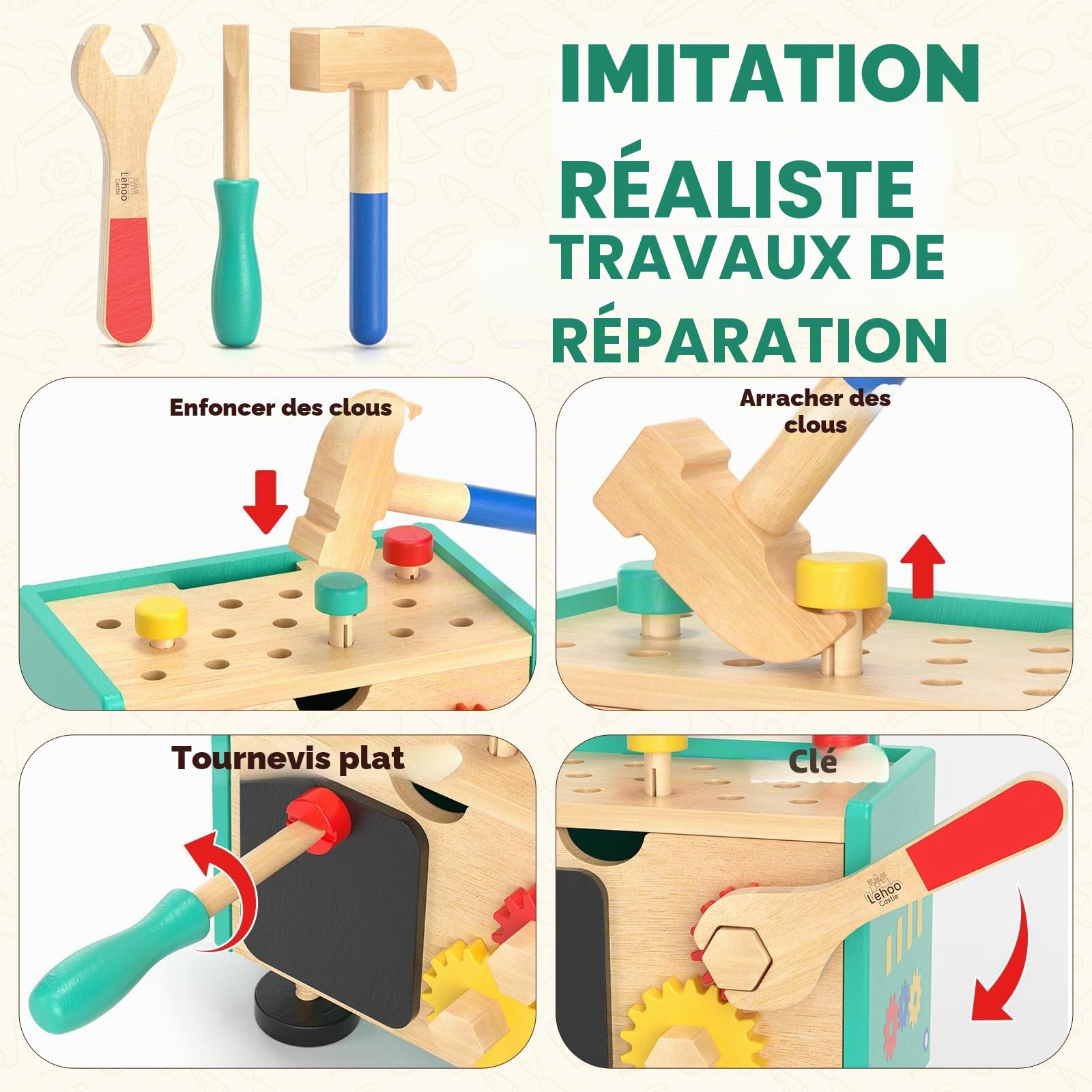 Lehoo Castle Caisse a Outil Enfant Jouet en Bois Jouet 3 4 5 Ans Fille Garcon, 29 Pièces Boite a Outils Établi Enfant, Jeu de Construction Jeux Educatif 3 Ans+