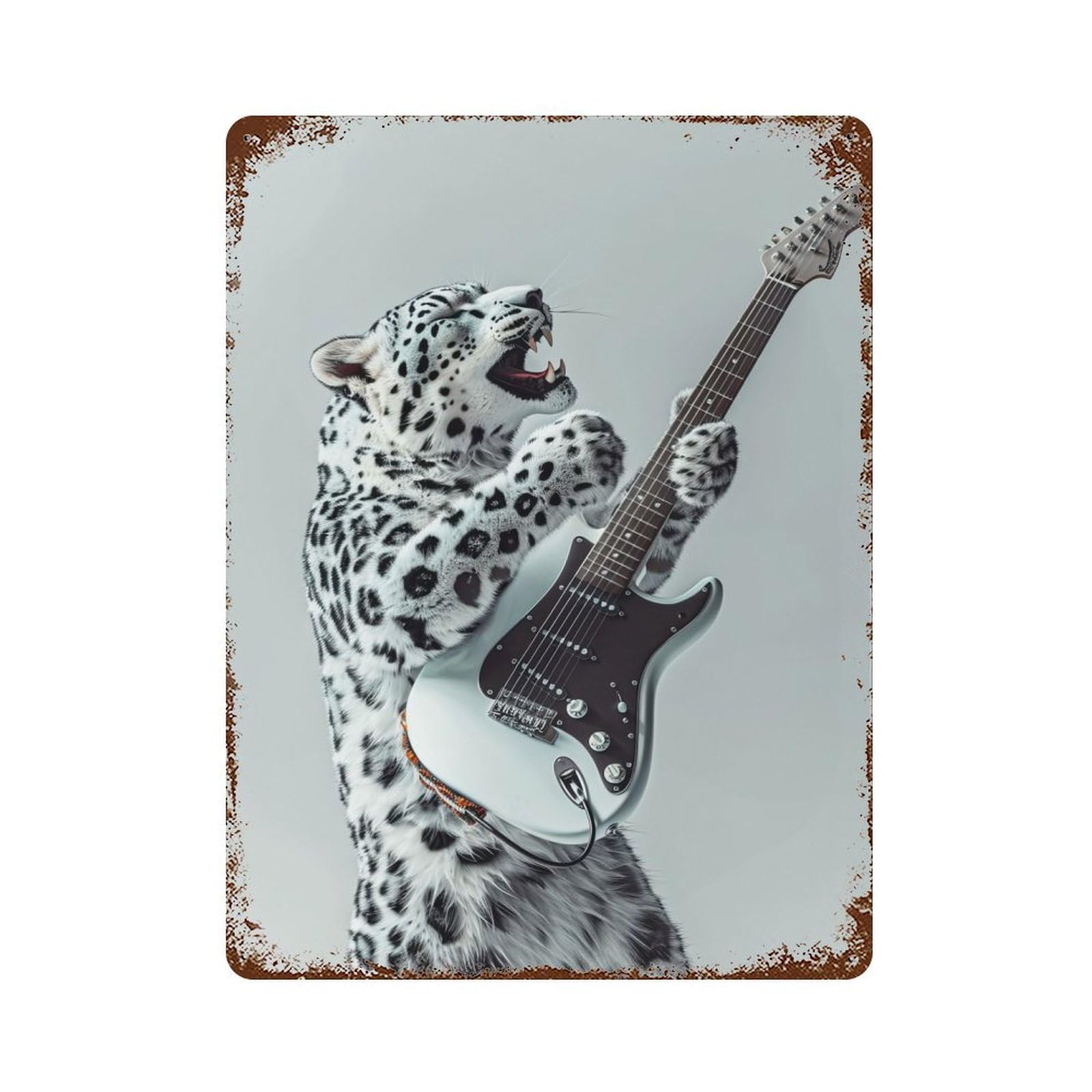 Snow Ocelot Guitar Rusty Metal Tin Sign 15.7"x11.8", Industrial Home Decor for Garage, Pub Or Kitchen