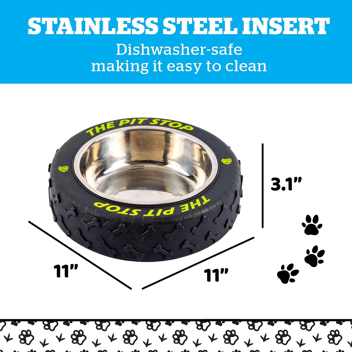 Tire-Shaped Dog Bowl - Pet Food & Water Bowl with Removable, Dishwasher-Safe Stainless Steel Insert - Fun Pet Supplies