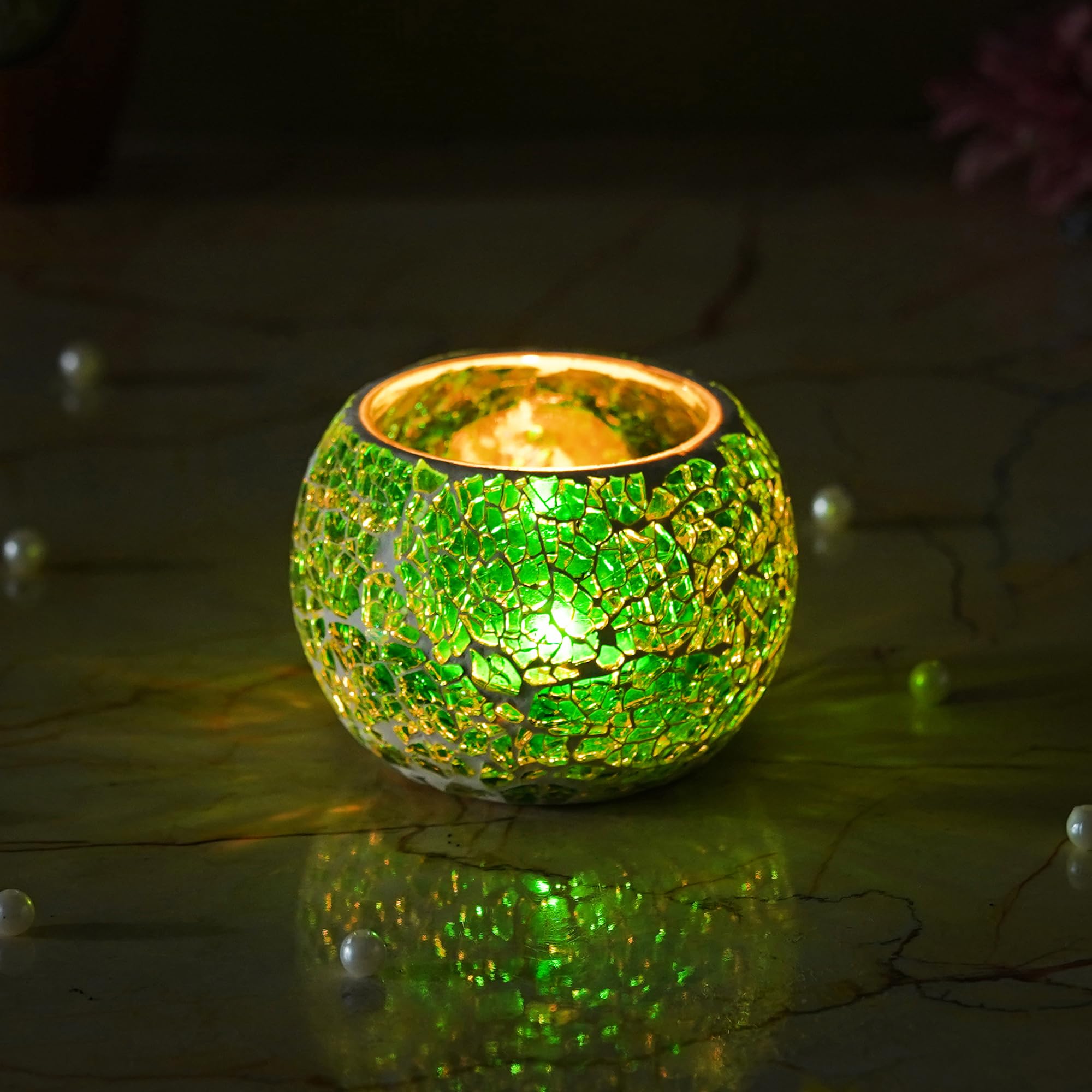 Red Mosaic Glass Tea Light Holder - Diwali Decor -12