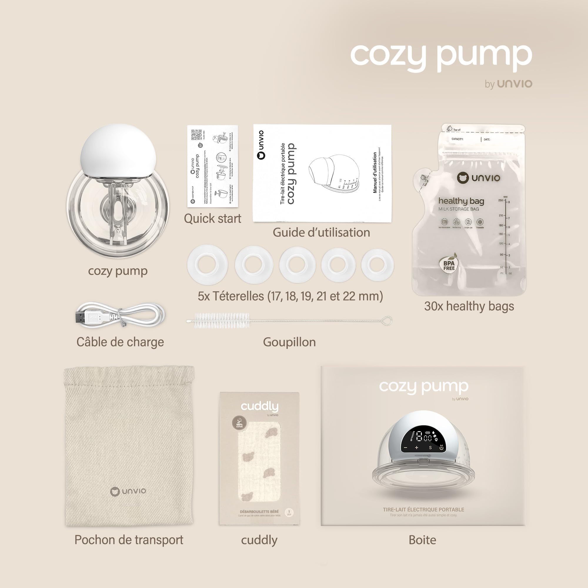 Tire lait electrique main libre Cozy pump – Le plus Efficace des tire-laits portable, kit allaitement nomade avec accessoires et sachet conservation lait maternel - Cadeau bébé naissance, futur parent