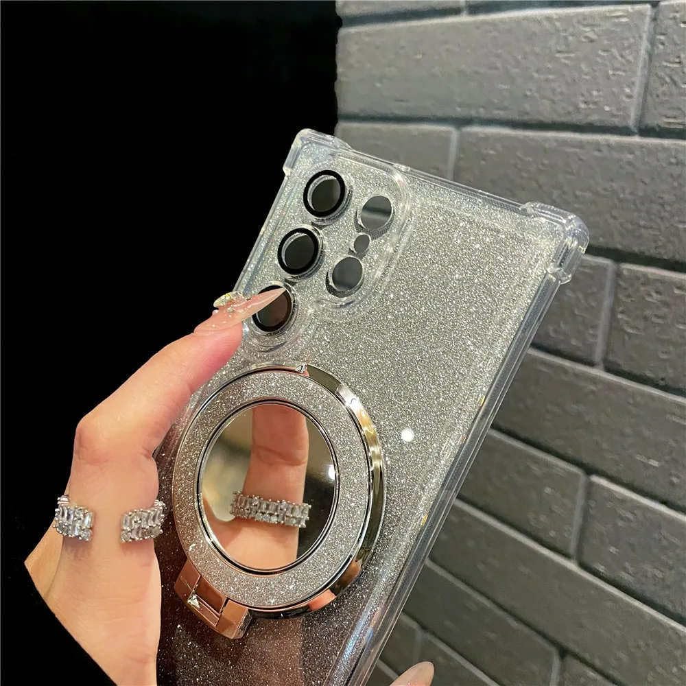 Custodia a specchio con brillantini e supporto ad anello per Samsung S24, S23, S22, S21, S20, Note20, 10 Plus, Ultra FE, custodia per ricarica wireless, argento, per Samsung S20 Plus