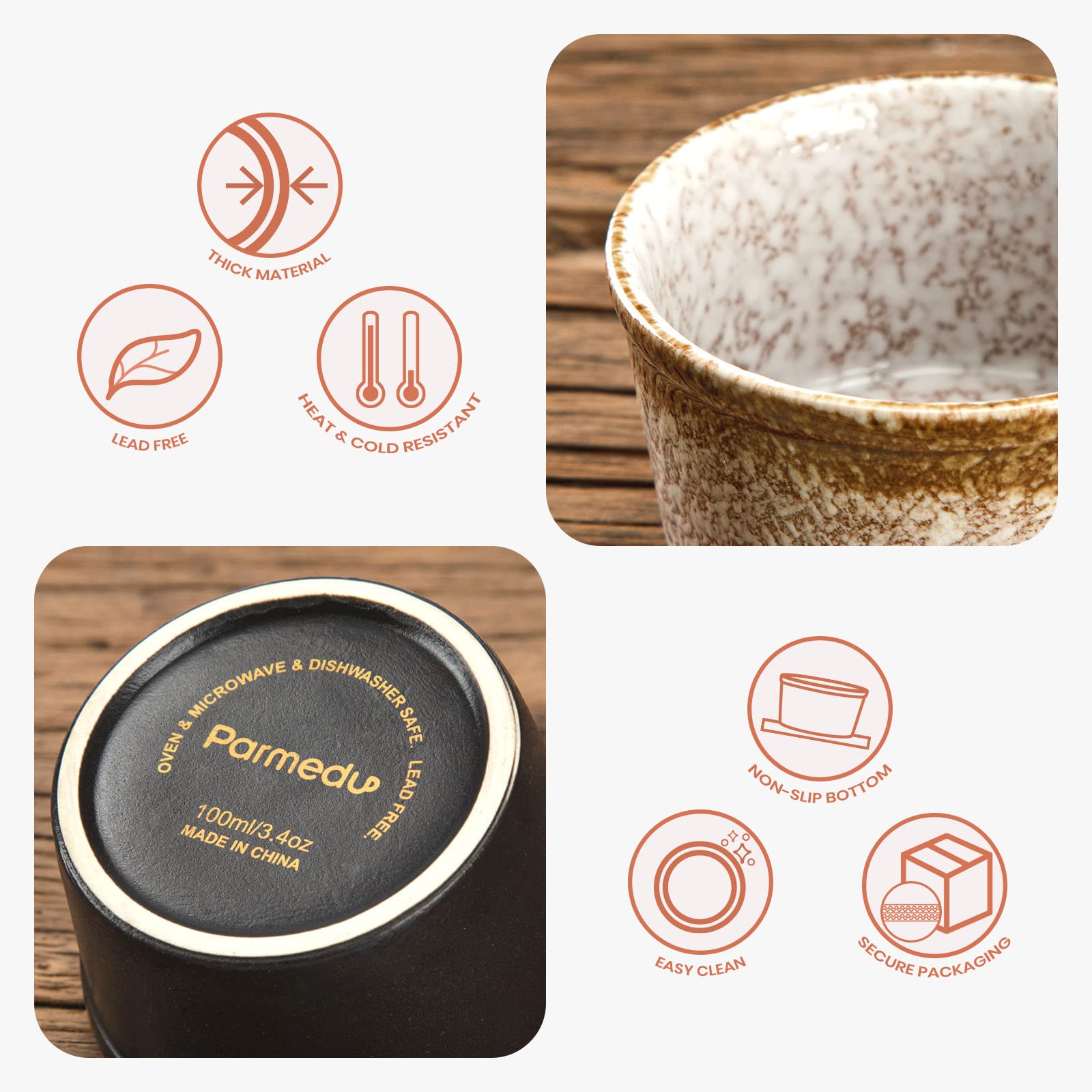 PARMEDU Juego de 6 Ramekin de Cerámica Mini Tazones de Porcelana Estilo Zen 100ml, Ramekins/Tazas Soufflé para Pudines, Brûlées, Soufflés, Helados, Salsas, Snacks, etc., Apto para Horno, Modelo BK002