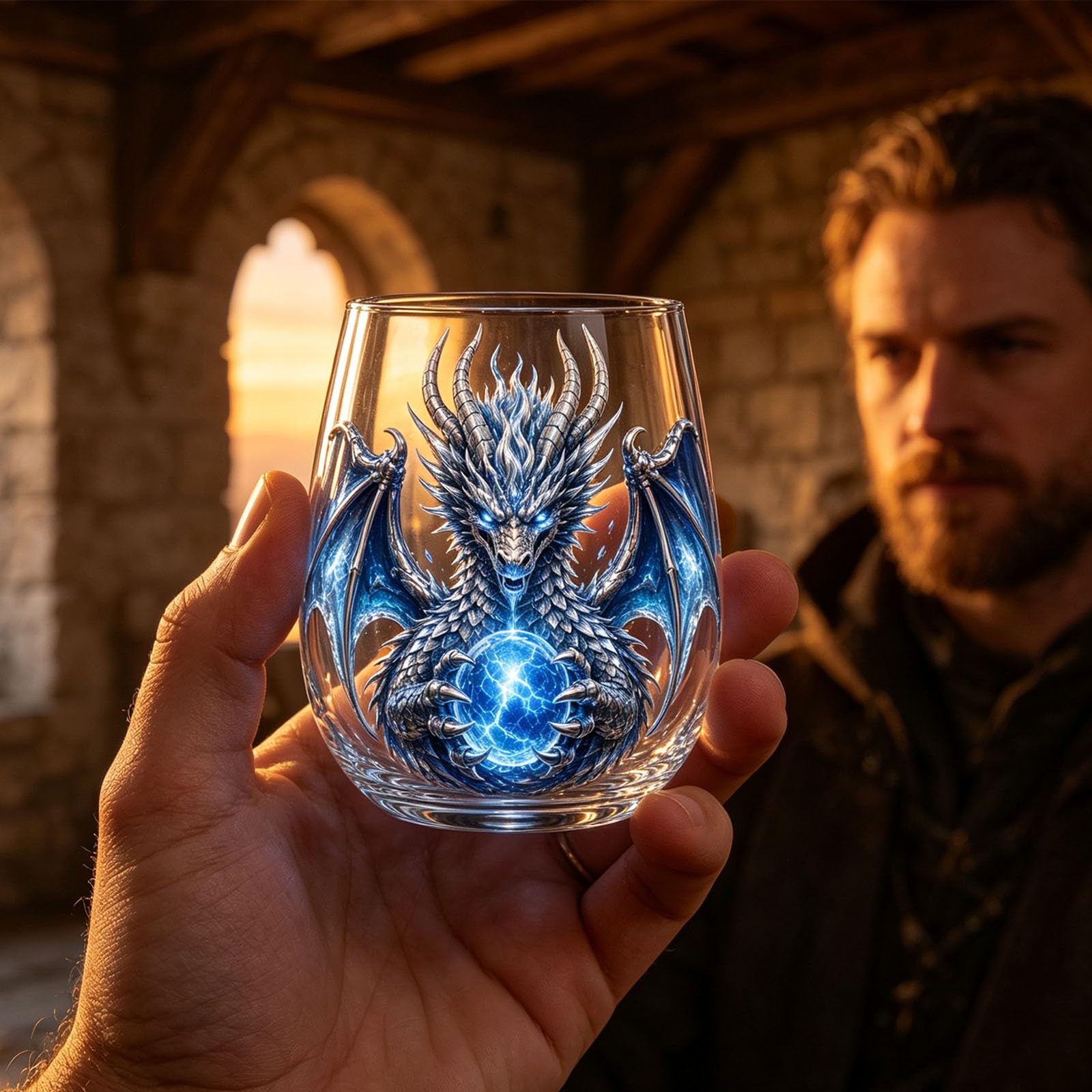Whiskey Glass Dragon Drinkware, 3D Mythic Dragon Fantasy Whiskey Glass, Stemless Gothic Crystal Ball Glass Cup for Home Bar Party Decor, Halloween Holiday Gift, A